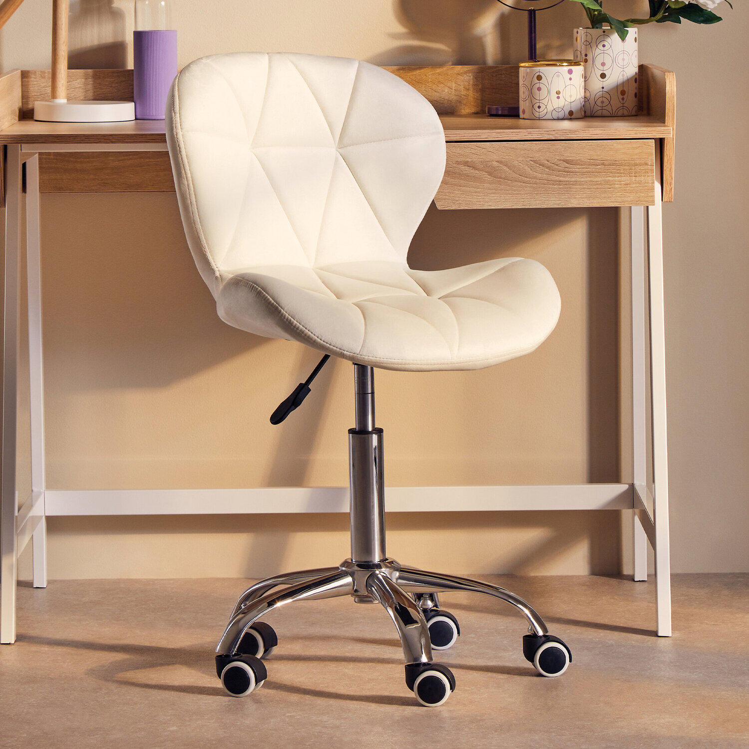 Franki White Velvet Quilted Home Office Chair - White