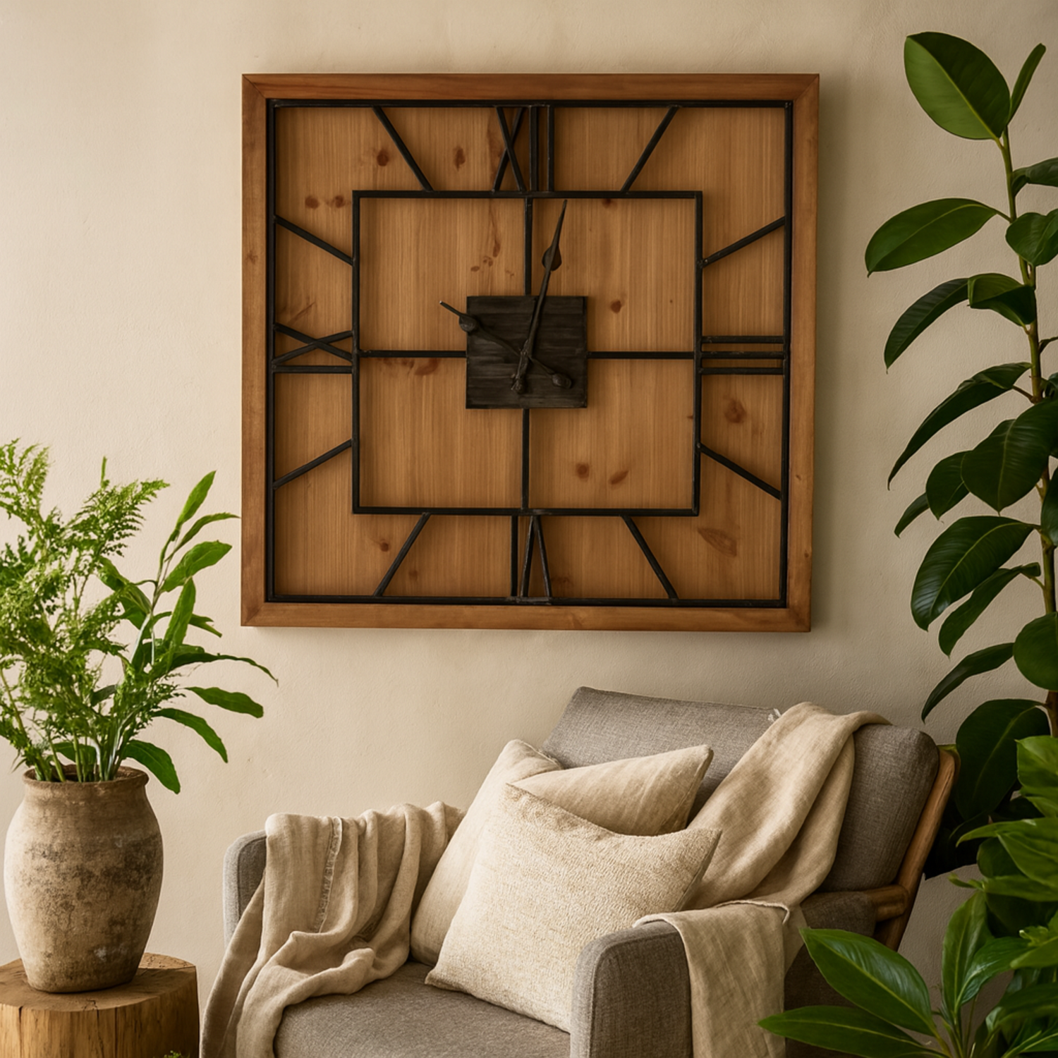 Square Rustic Wall Clock with Roman Numerals - Brown