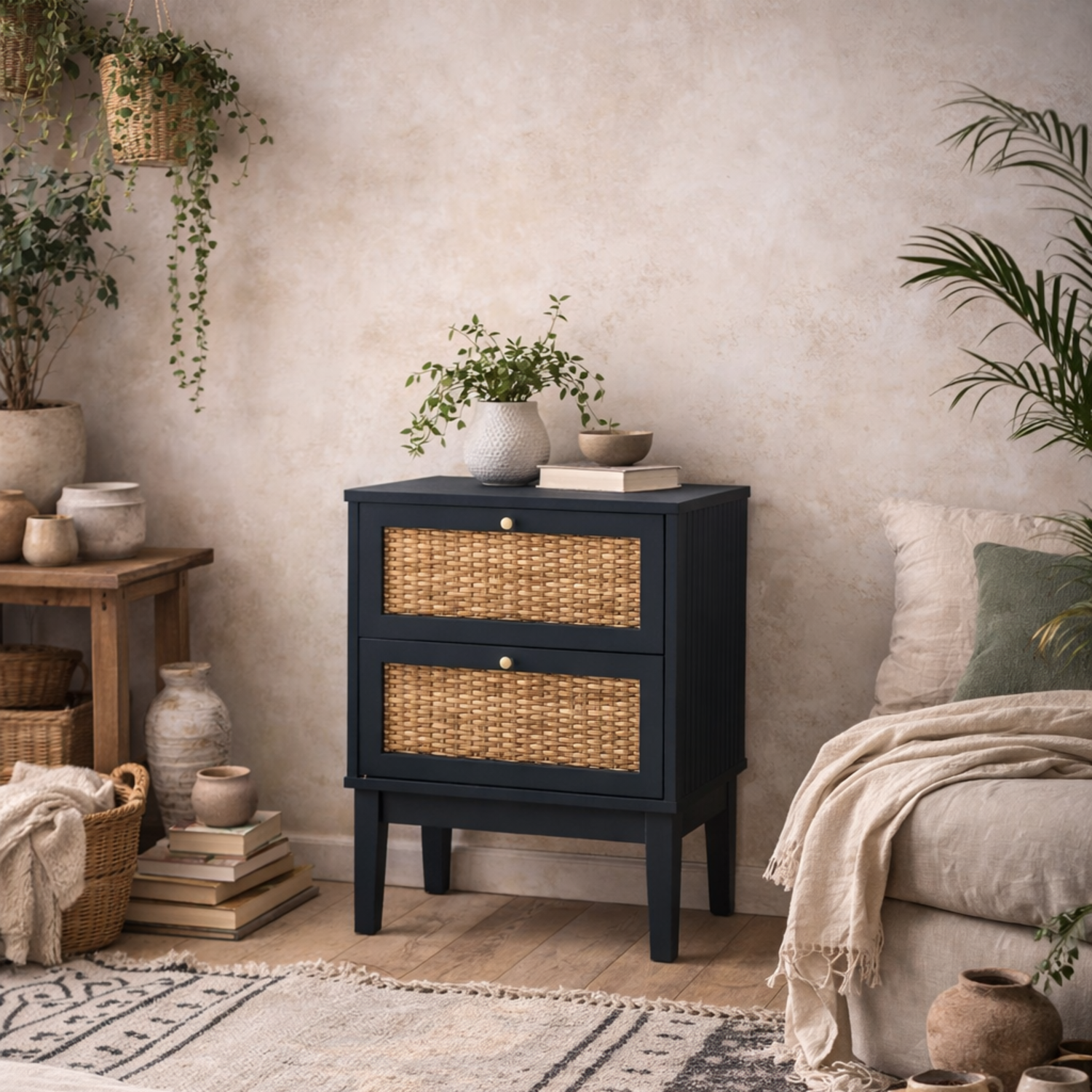 Waterford Berlin Rattan Bedside Table 2 Drawers - Berlin Blue