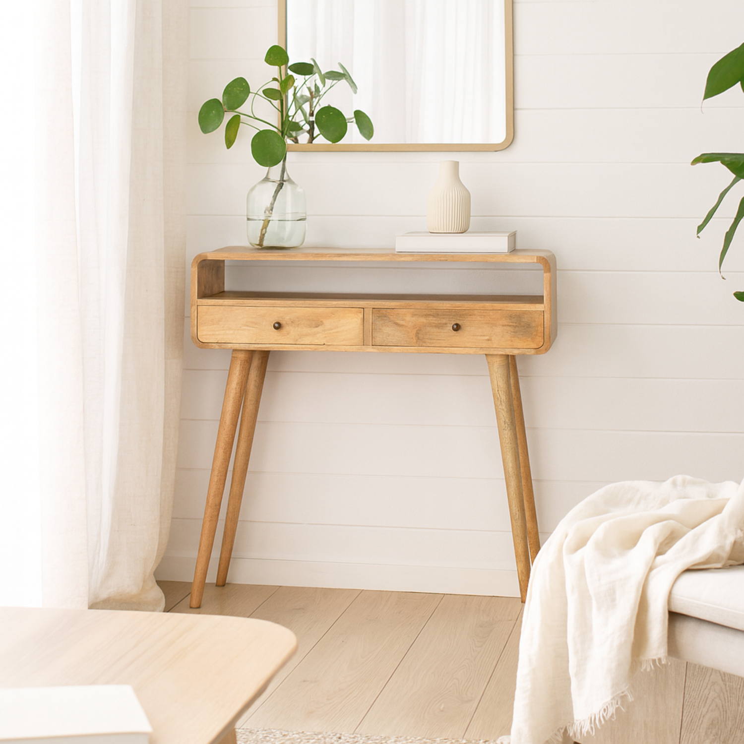 Urbino Mango Wood Console Table 2 Drawers and Open Shelf Rattan Top - Brown