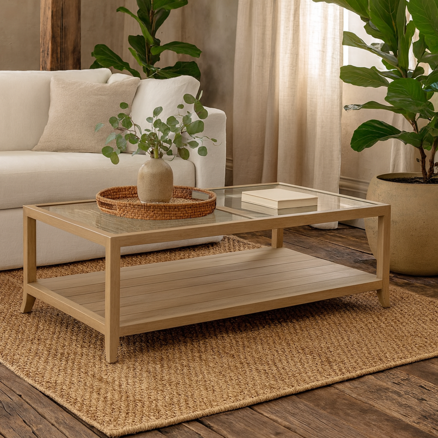 Portugal And Cane Coffee Table With Glass Top - Brown