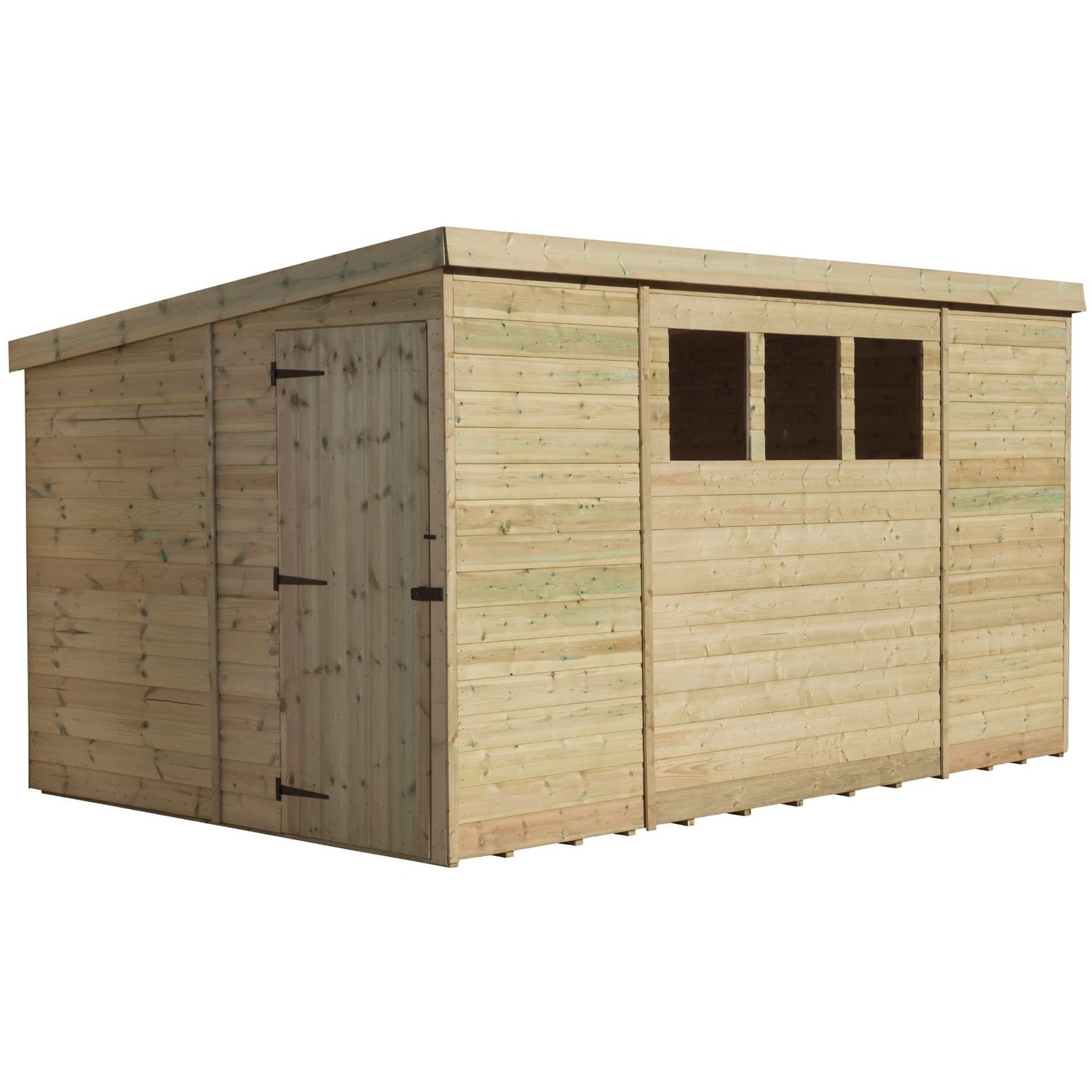 Empire 2500 14x8 Pent Garden Shed with a Single Door on Left Side Panel & 3 Windows - Green