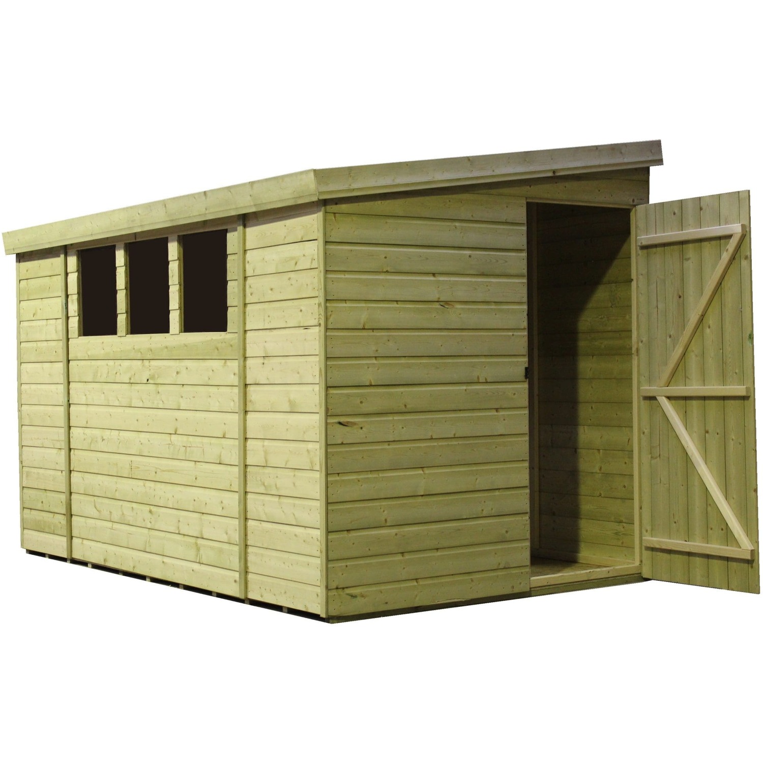 Empire 3000 12x5 Pent Garden Shed with a Single Door on Right Side Panel & 3 Windows - Green