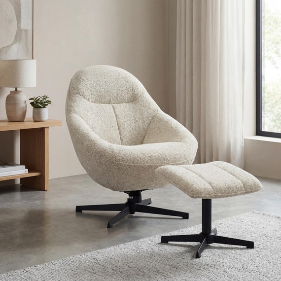 Oslo Natural Fabric Swivel Lounge Chair  Footstool