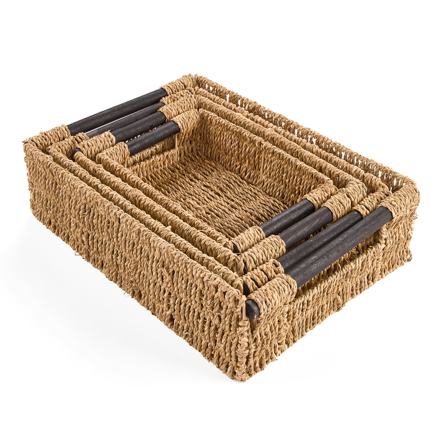 Image of Seagrass Wicker Storage Boxes with Wooden&hellip;