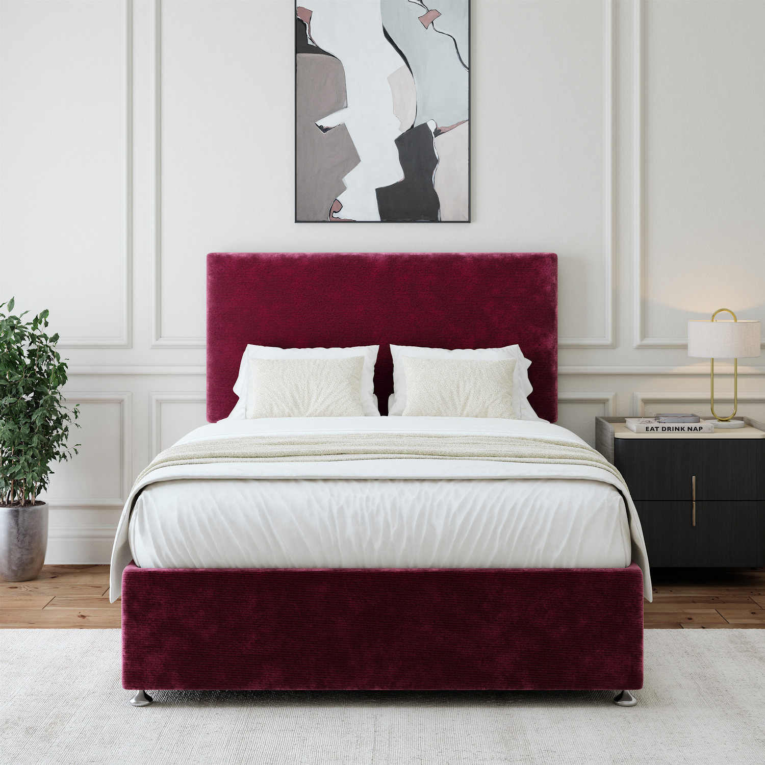 Chenille Divan Base With Storage And Plain Headboard - Colour Options - Aubergine Superking 40kg