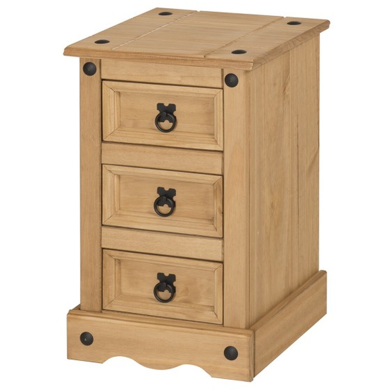 Corona 3 Drawer Bedside Cabinet Narrow Solid Wood Pine Wooden Bedroom - Brown