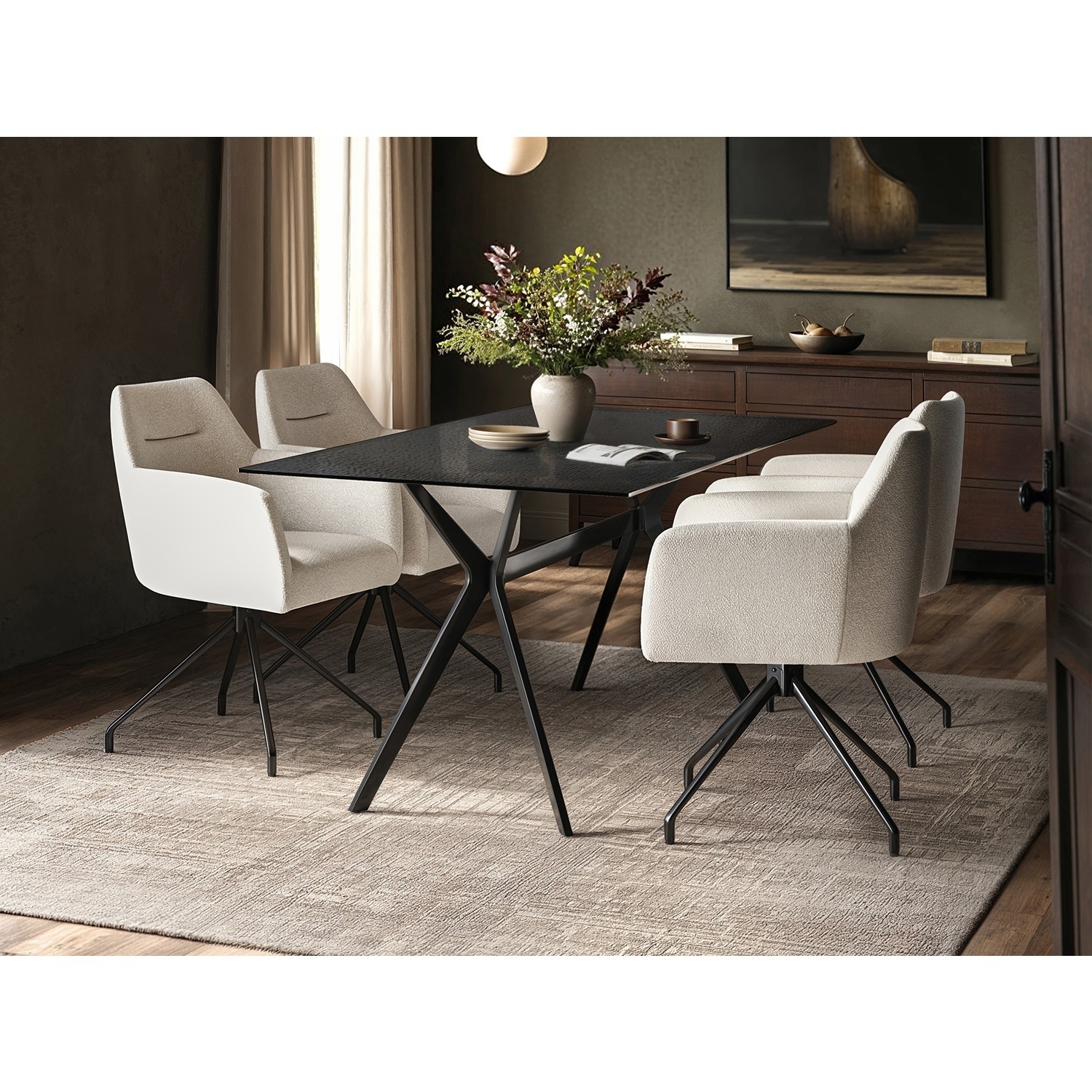Emil Glass Dining Table with 4 Isla Chairs Set - Black + Cream