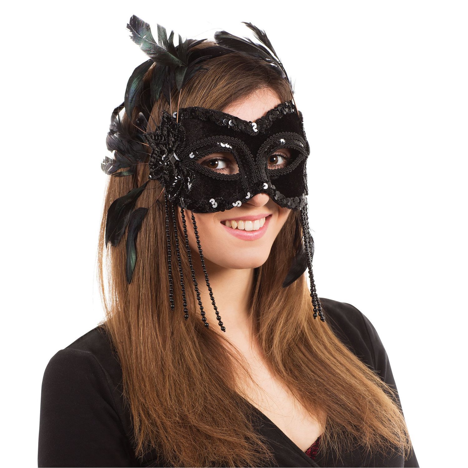 Bristol Novelty Velvet Feathers Eye Mask - Black