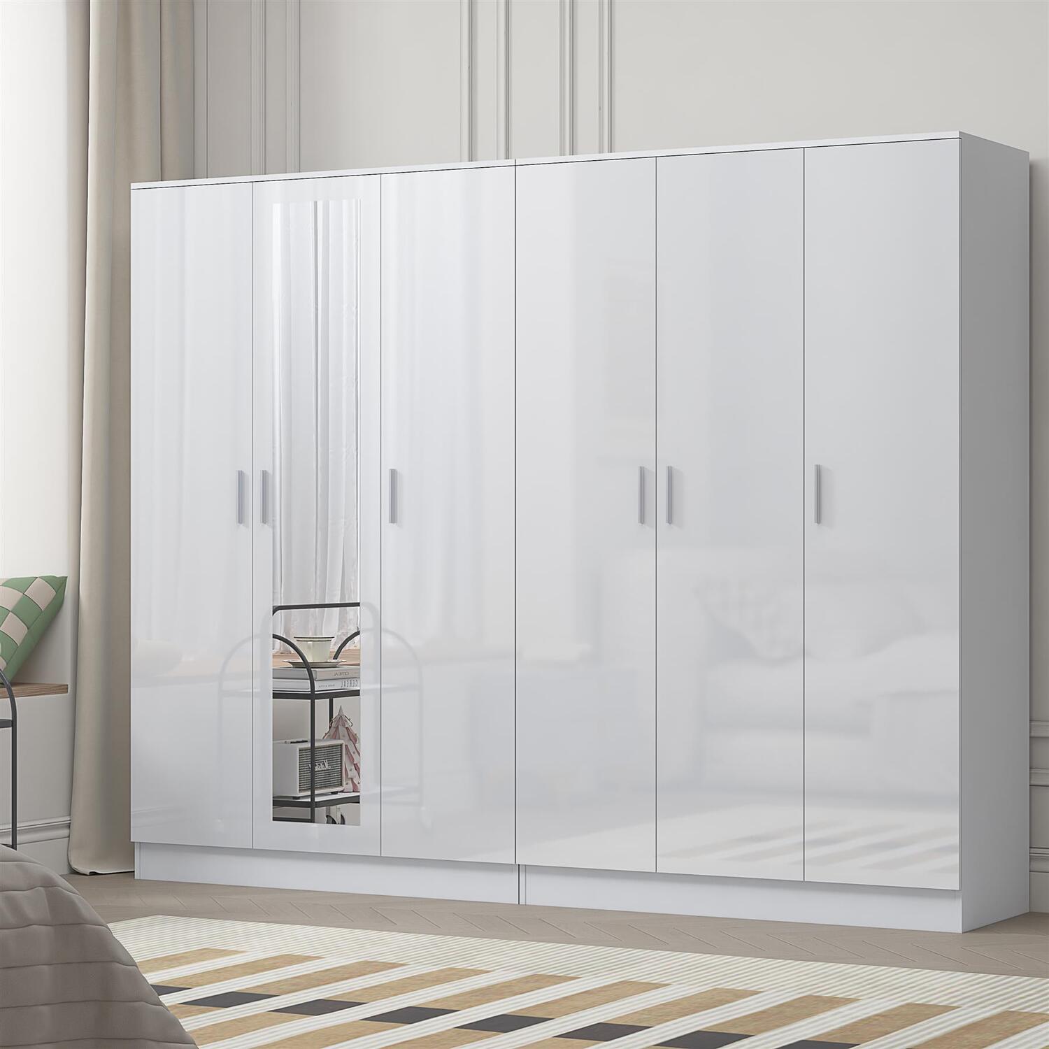 Reflect Gloss Wardrobe Bundle - 3Dr Mirror + 3 Door Plain - White / White - White Gloss / Matt White