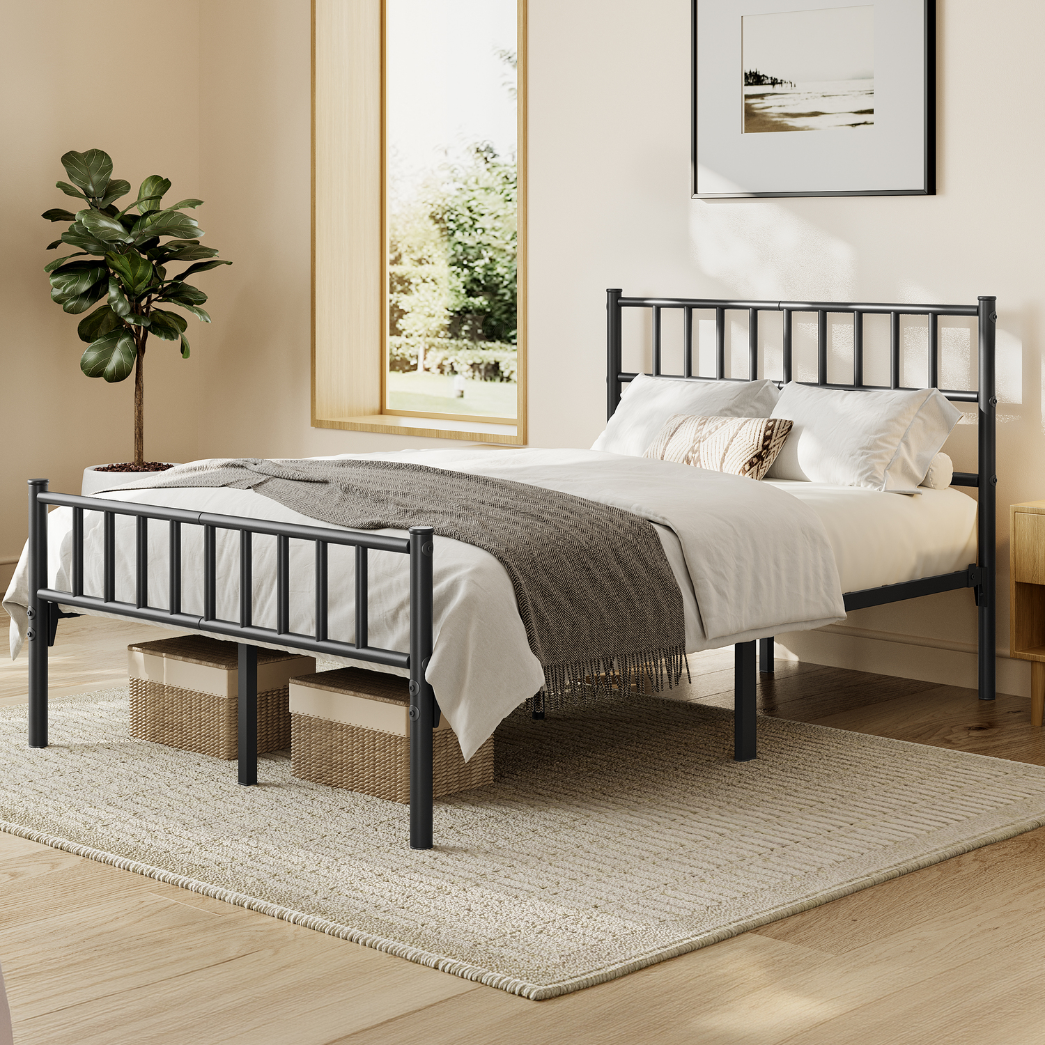 Yaheetech Metal Bed Frame With Large Storage Space - Black / Double