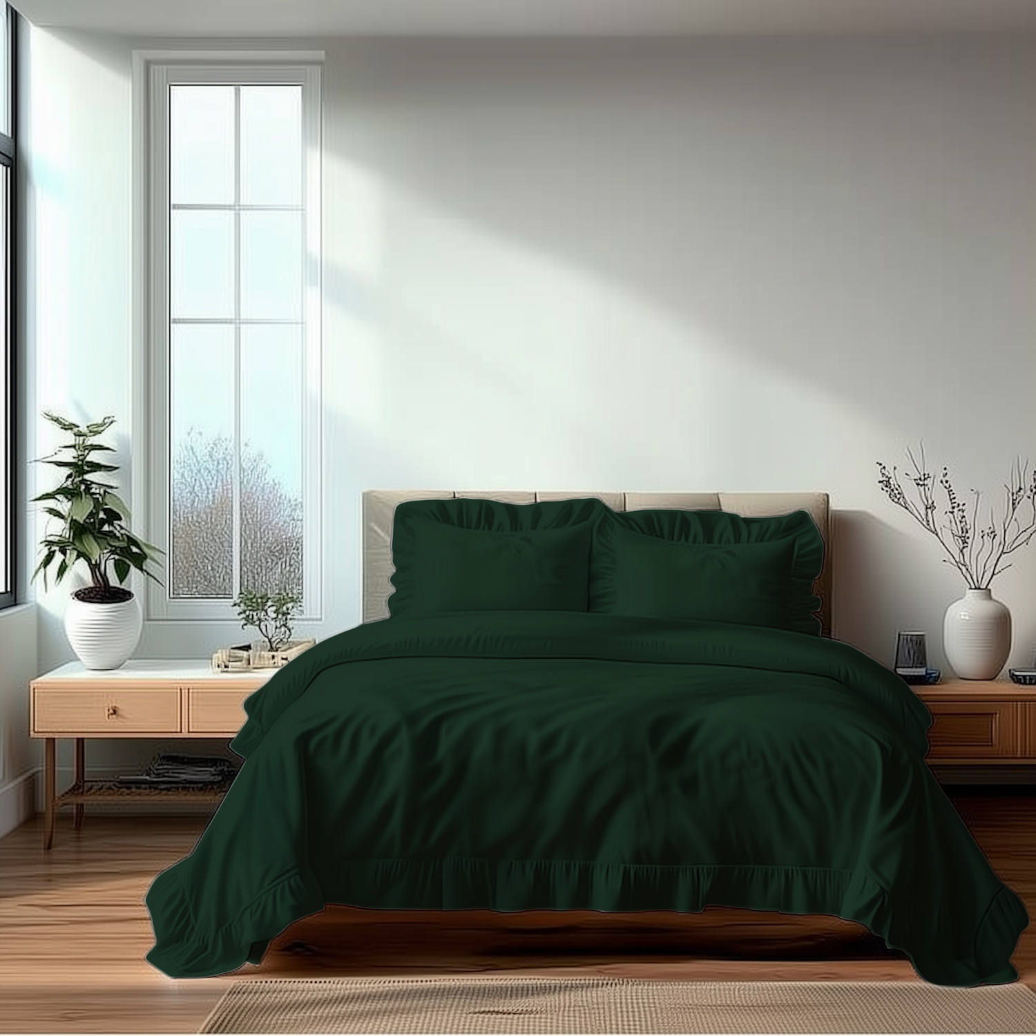 Duvet Cover And Pillowcase Set Pink Teal White Green Silver Frilled Design Polycotton Linen - ForrestGreen / Superking