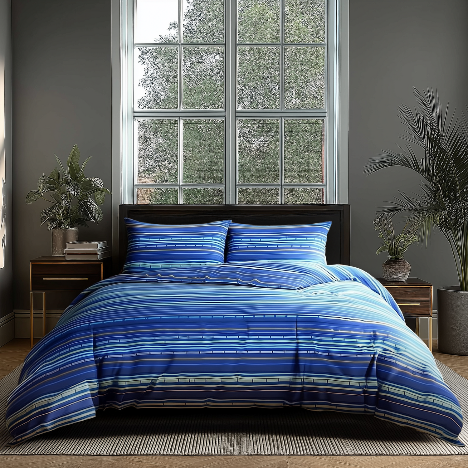 Duvet Cover And Pillowcase Set Blue And Red Stripe Design Polycotton Bed Linen - Blue / Superking
