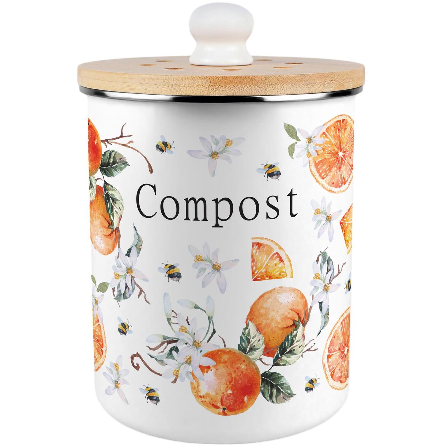 Purely Home Tangerines & Flowers Compost Caddy - Metal 2L Decorative Kitchen Food Waste Bin - Orange