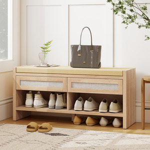 HOMCOM Shoe Bench with 2 Rattan Drawers Cushion