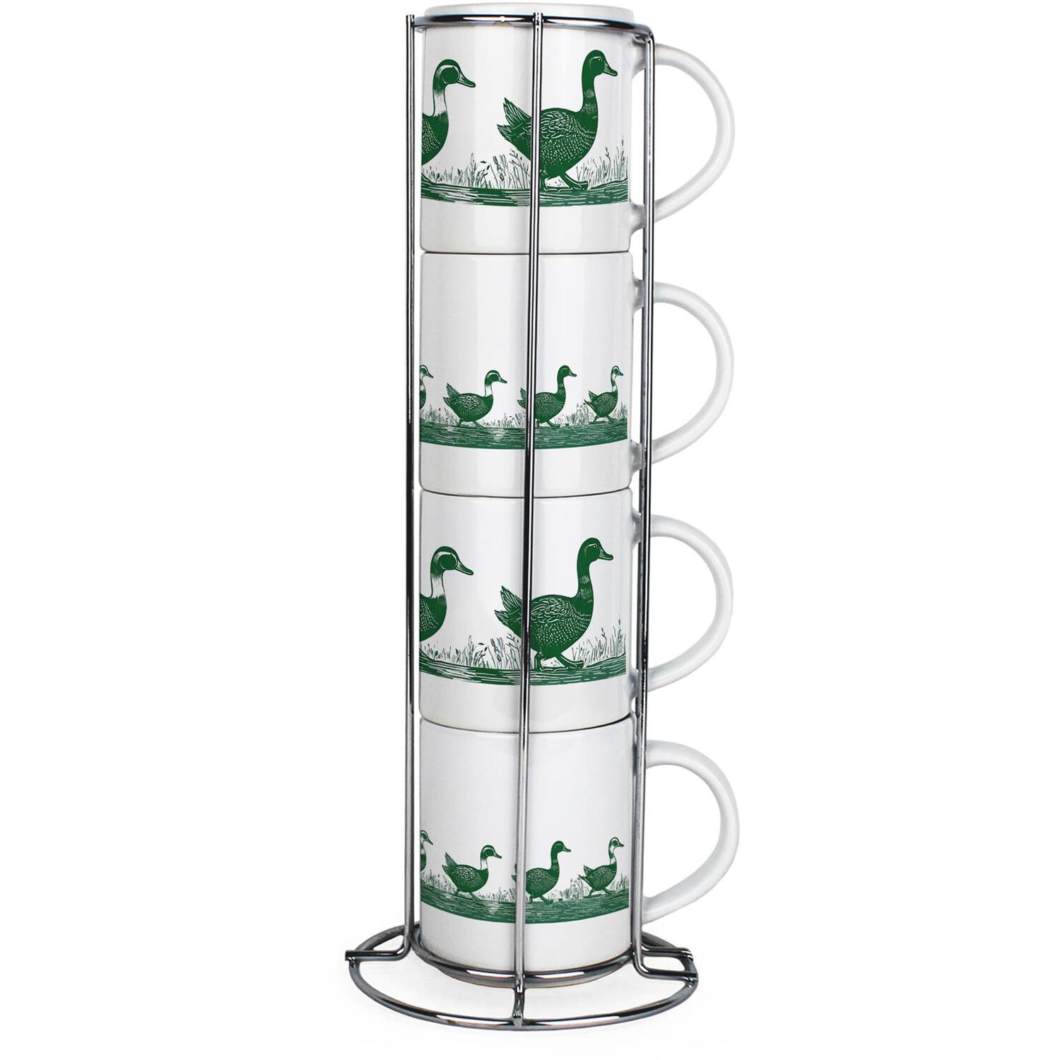 Purely Home Green Ducks Small Stacking Mugs Gift - Set Of 4 Ceramic Cups With Metal Stand - Multicoloured
