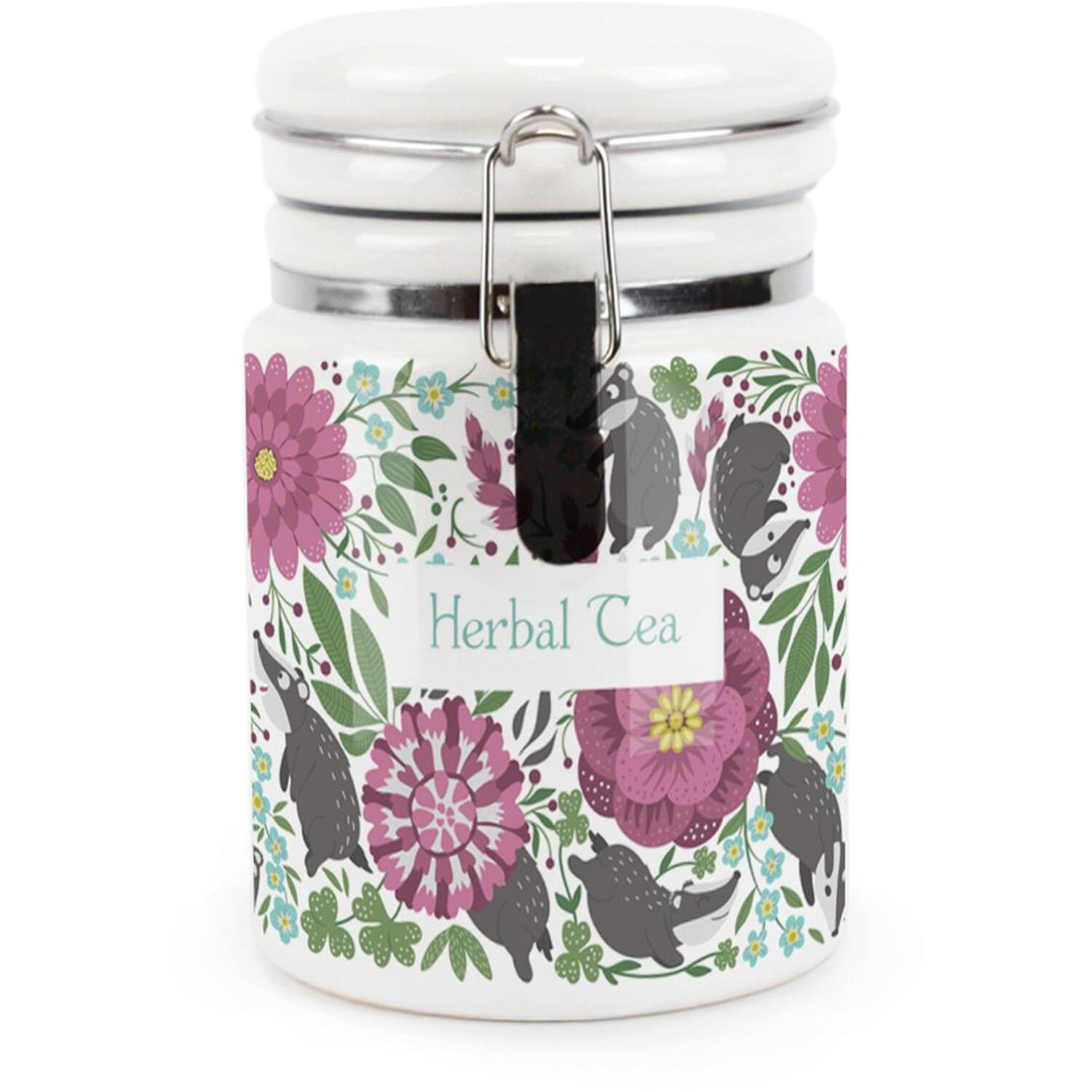B&Q - Floral Badgers Herbal Tea CanisterBritish Animals & FlowersCeramic Kitchen Storage Container With Clip Lid 400Ml - Image 2