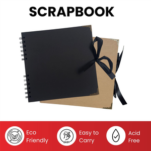 Pack of 12 Spiral Bound 180gsm Kraft & Black Scrapbooks with Ribbon Closure and Metal Corners