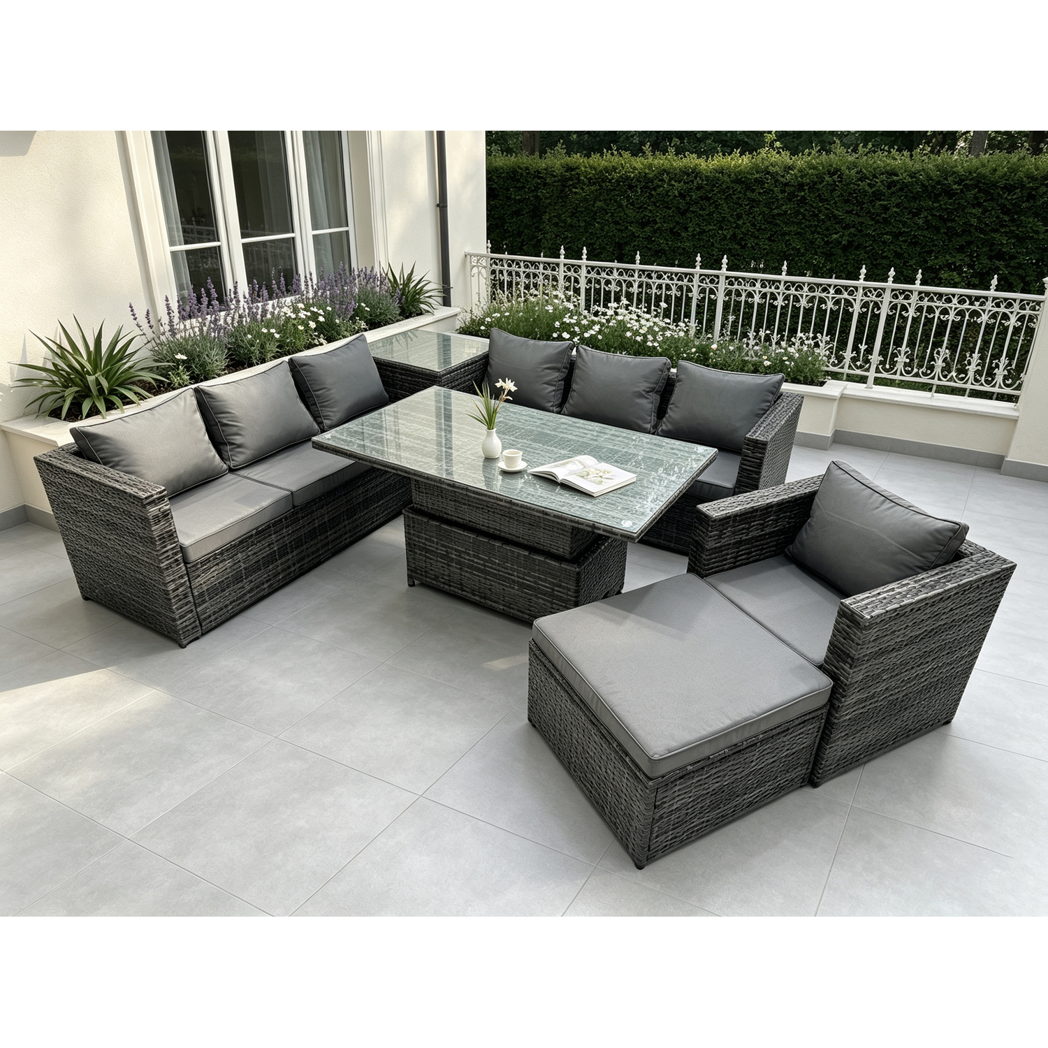 Rackhams Dark/Grey 8 Seater Pe Rattan Corner Sofa Set Rising Adjustable Dining Table Set High Side Coffee Table With Arm Chair Big Footstool - Image 2