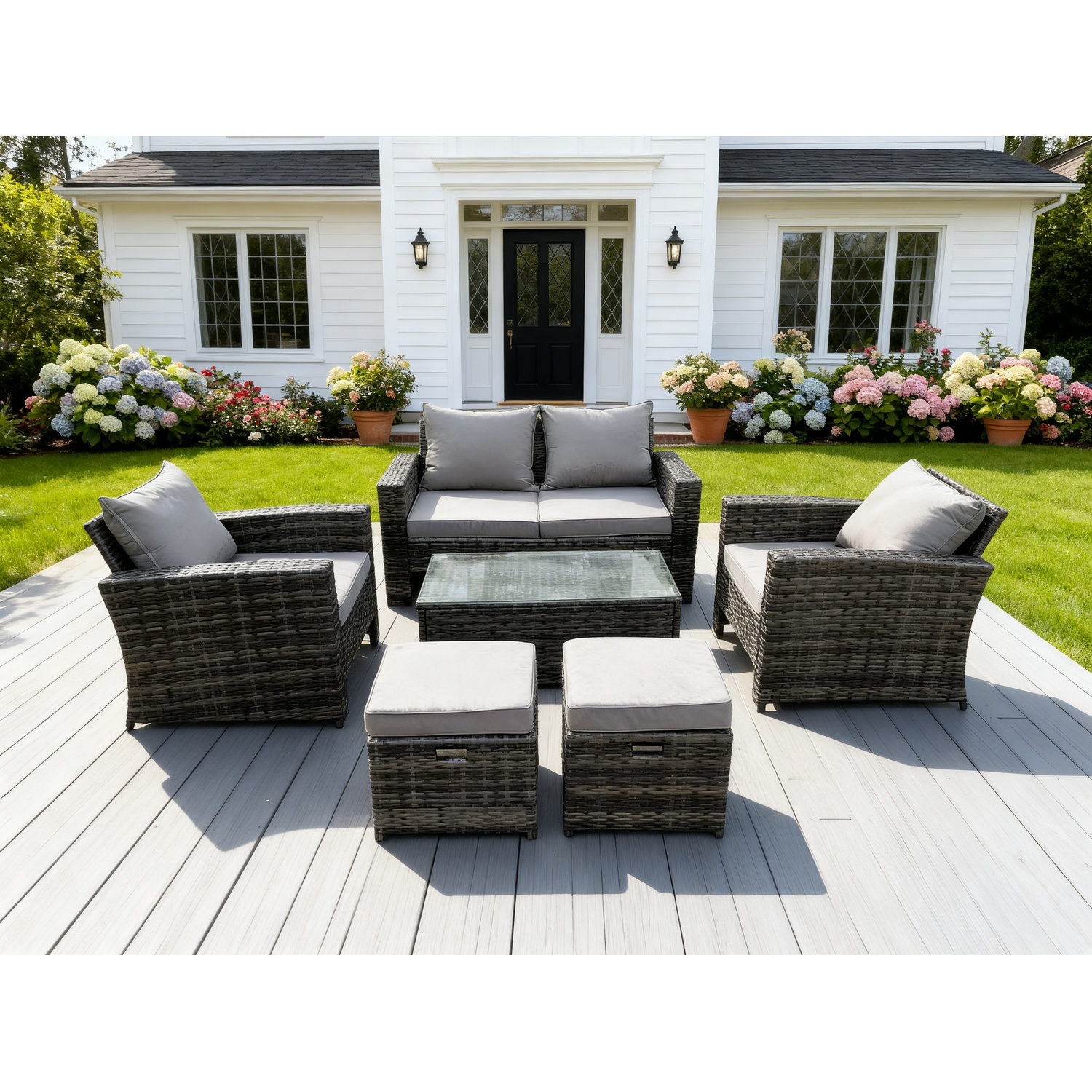 B&Q - 6 Seater Dark Grey Mixed High Back Rattan Sofa Set Rectangular Coffee Table Garden Furniture Outdoor 2 Stools - Image 2