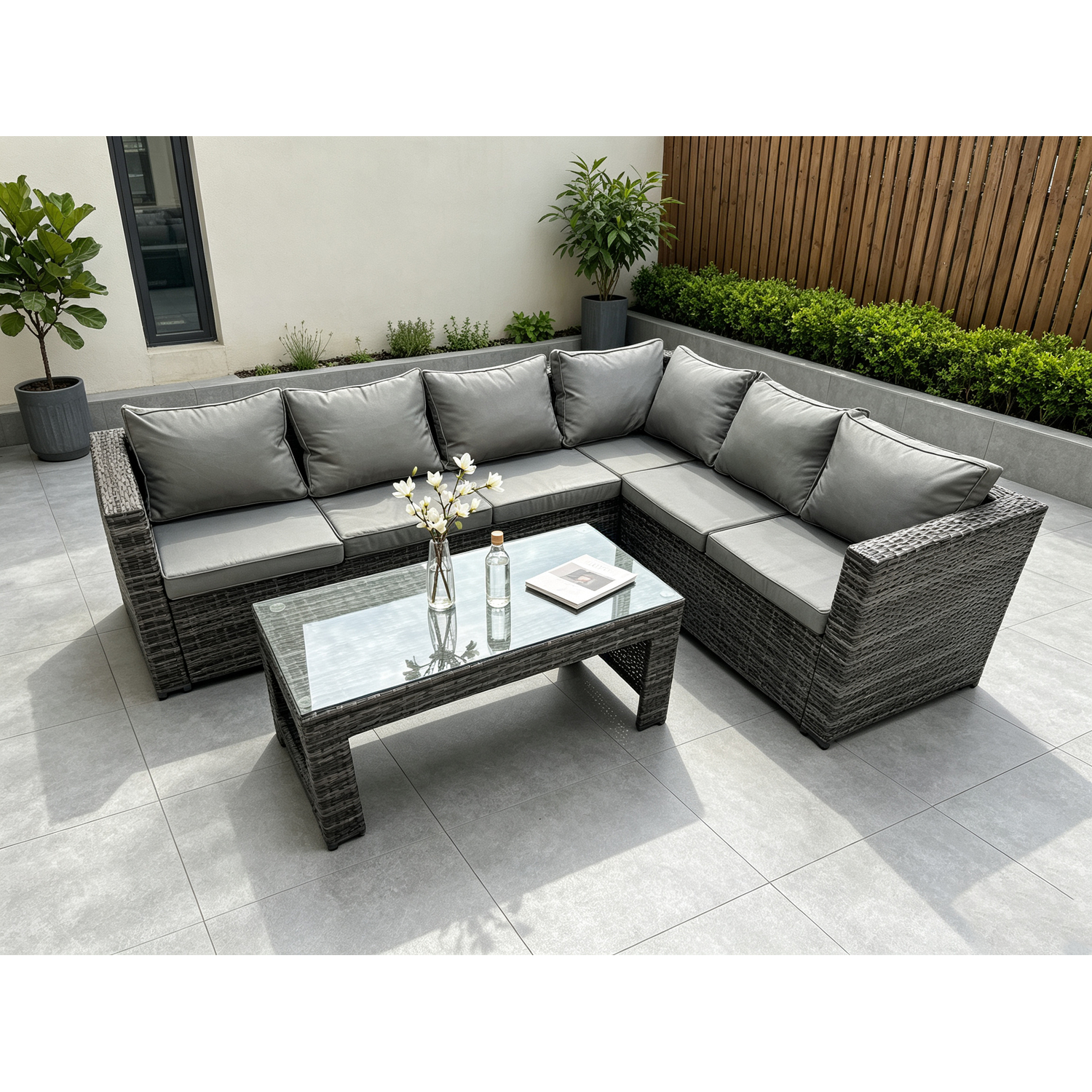 Rackhams Dark/Grey 6 Seater Rattan Corner Sofa Lounge Sofa Set With Rectangular Coffee Table Mixed Right Hand - Image 2