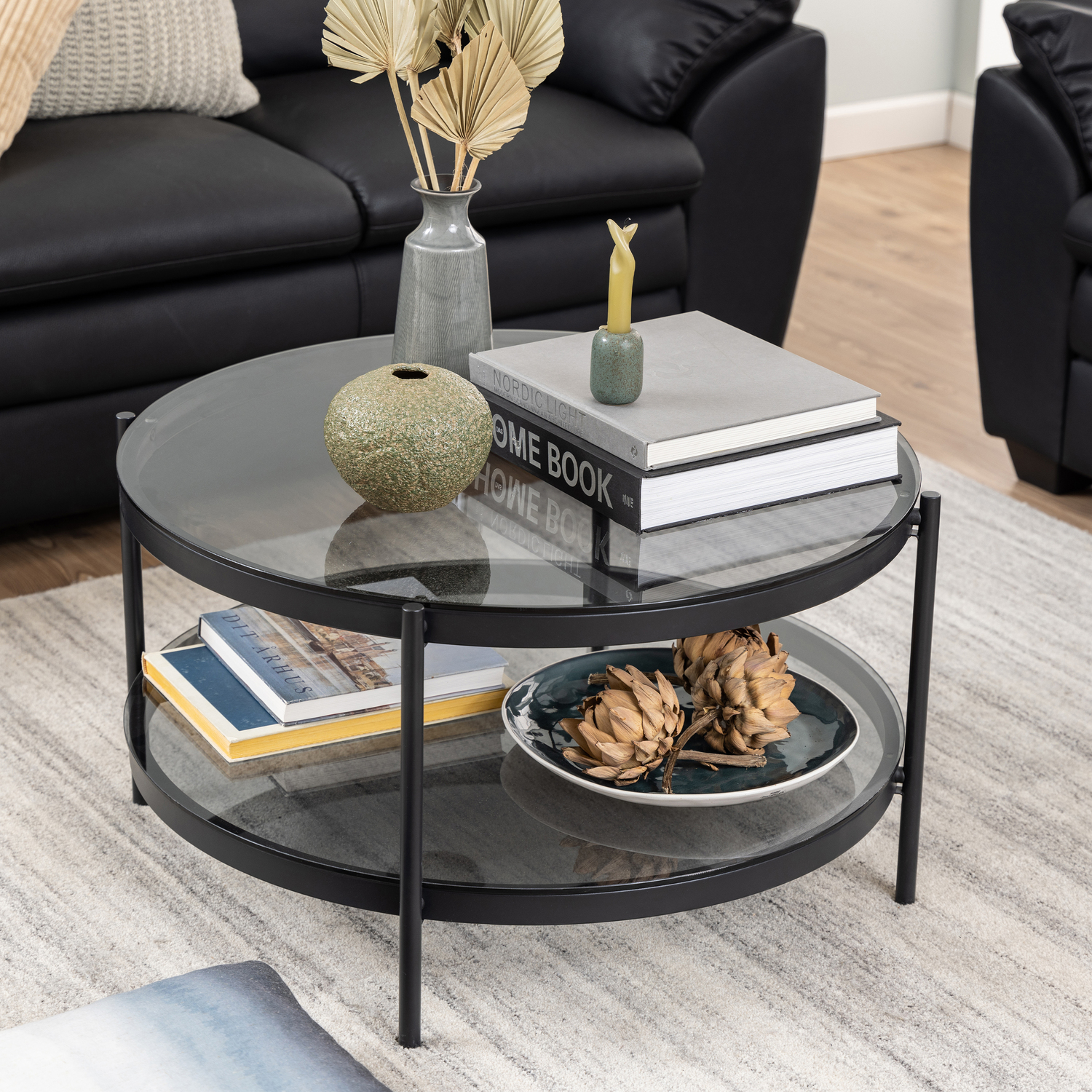 Florence Bayonne Round Coffee Table - Black Smoked Glass Top & Shelf - Matte Steel Base - Image 5