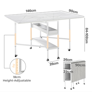 Sewing Table Foldable Craft With Grid,Adjustable Height,storage,White