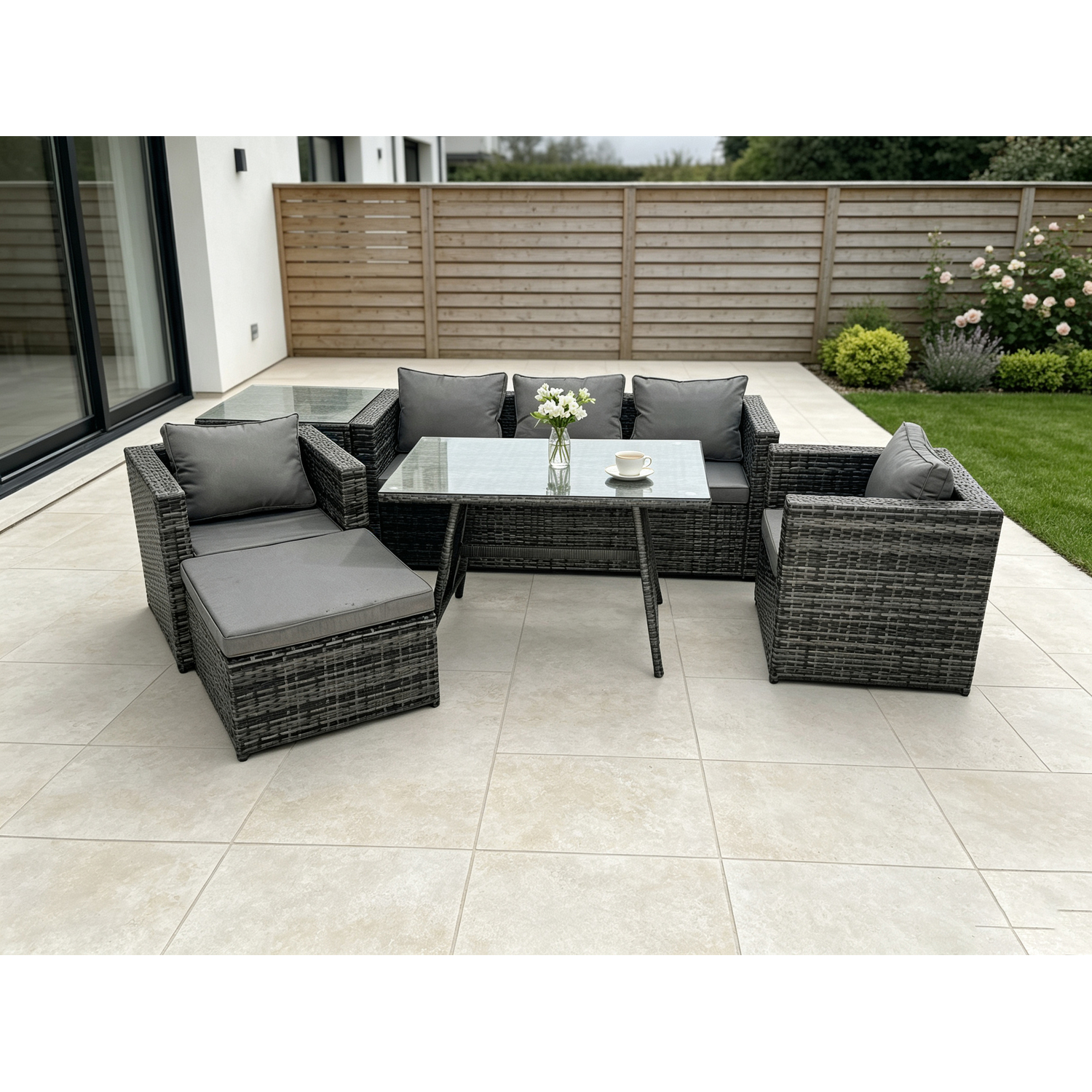 Fimous Unisex Dark Grey Seater Wicker Rattan Outdoor Furniture Garden Dining Set With Sofa Oblong Dining Table 2 Armchairs Stool In Size 6 - Image 2