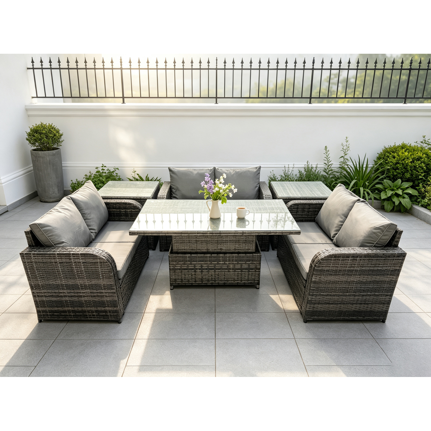 Fimous Rattan Garden Outdoor Furniture 3 Pc Love Sofa Set Patio Adjustable Rising Lifting Dining Table With 2 Side Tables - Image 3