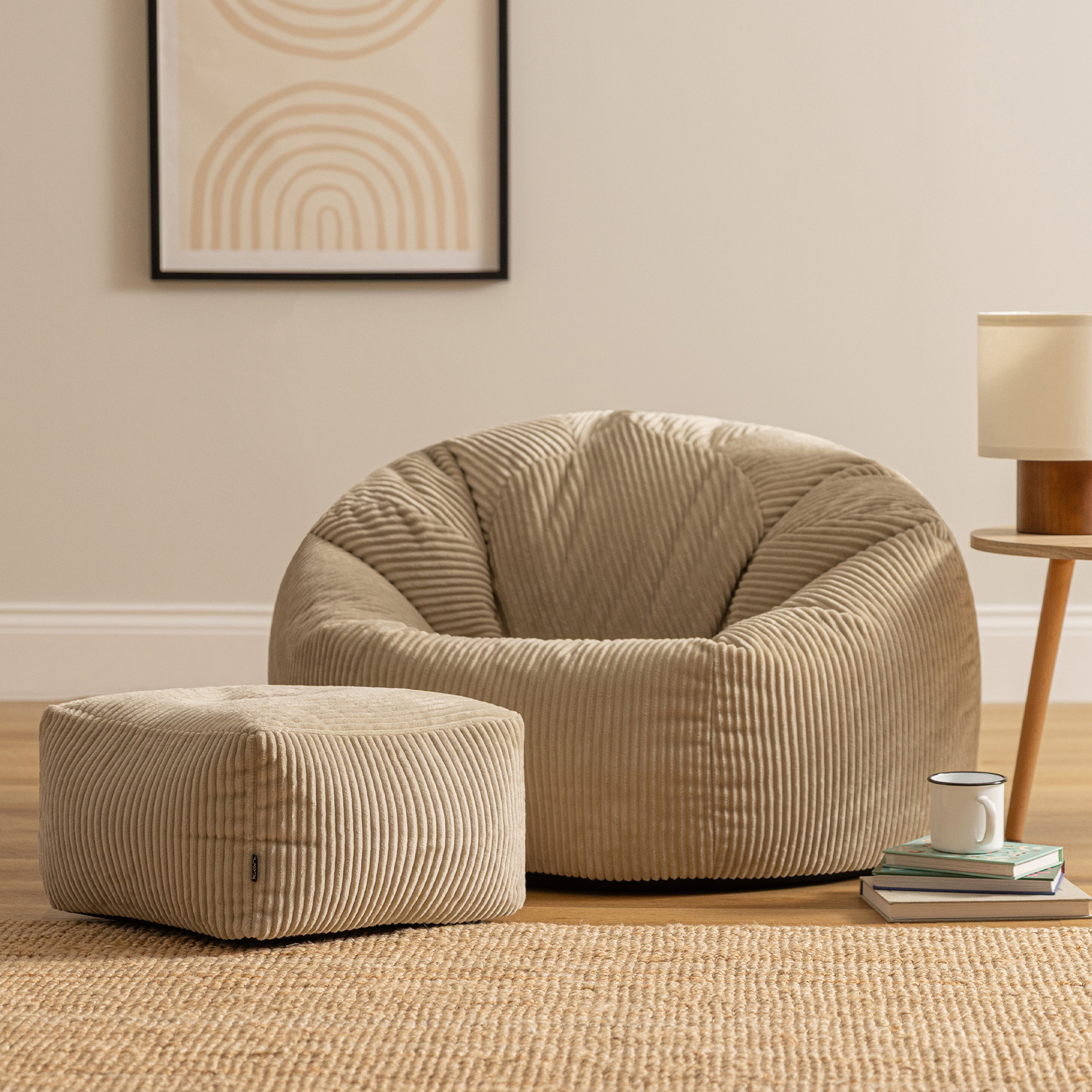 Icon Kingston Corduroy Classic Bean Bag And Footstool, Stone Beige