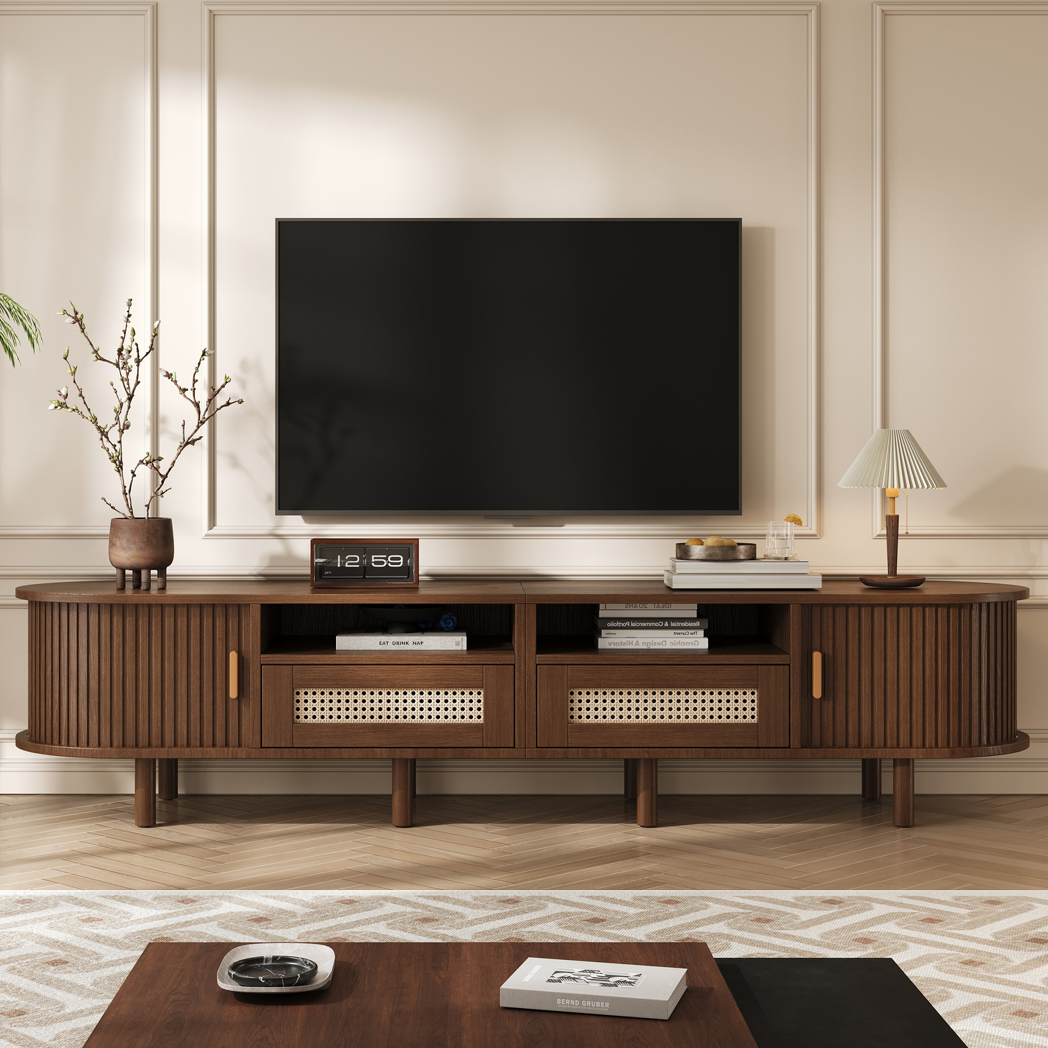 Aka Oval Tv Stand With 2 Rattan Drawers, 2 Sliding Doors And Rounded Corners, Dark Oak - Oak