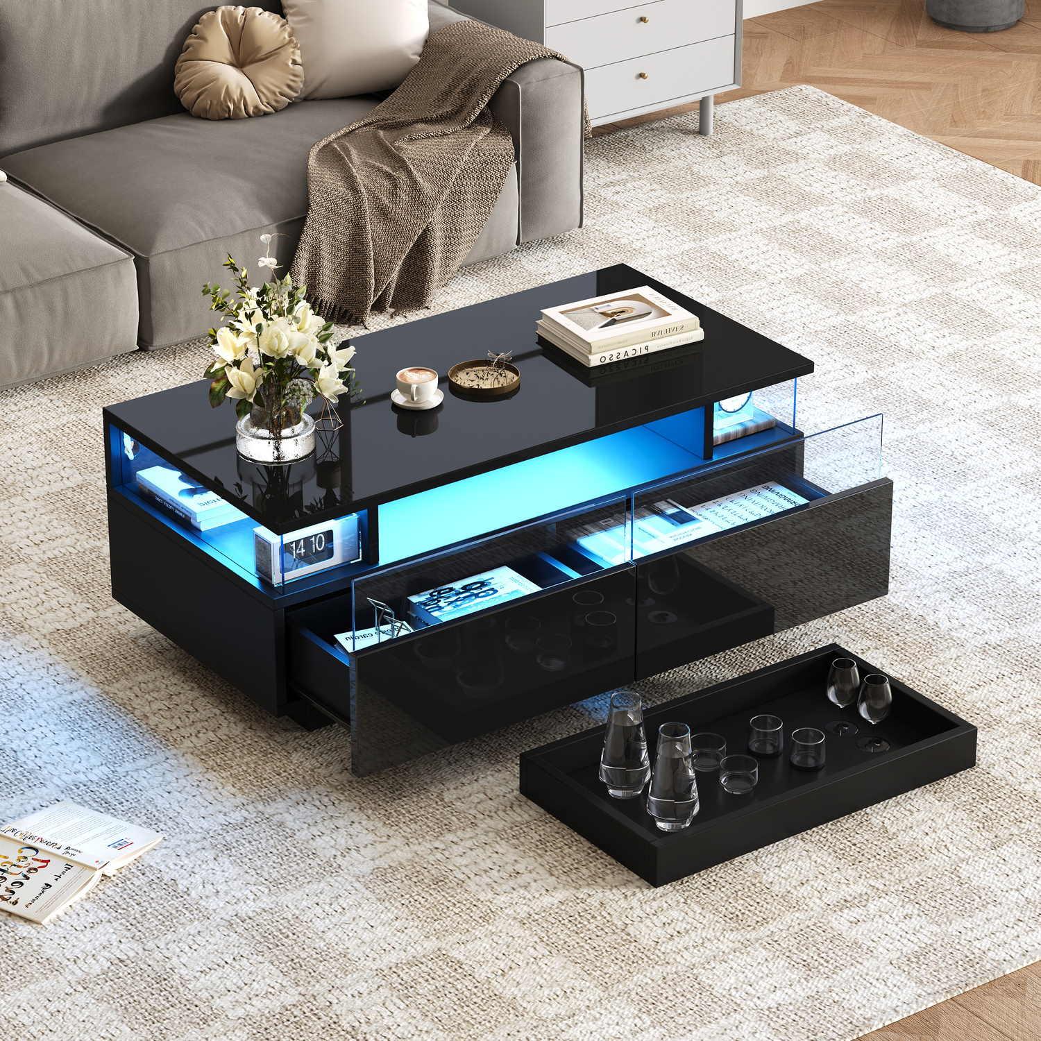 Aka Black High Gloss Coffee Table With Tray, 2 Drawers And Led Lights - Black