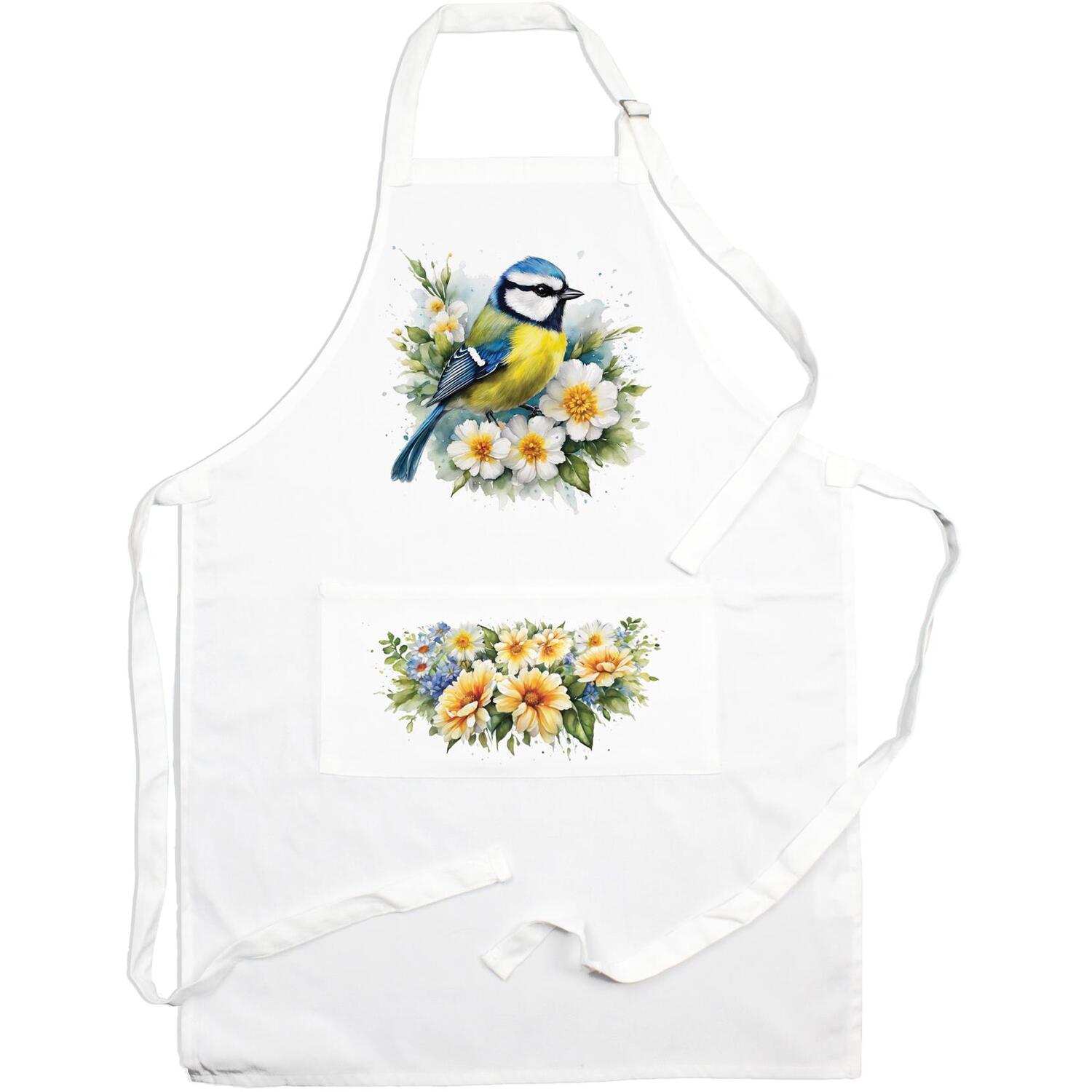 Purely Home Blue Tit Kitchen Apron With Adjustable Ties & Pocket - White