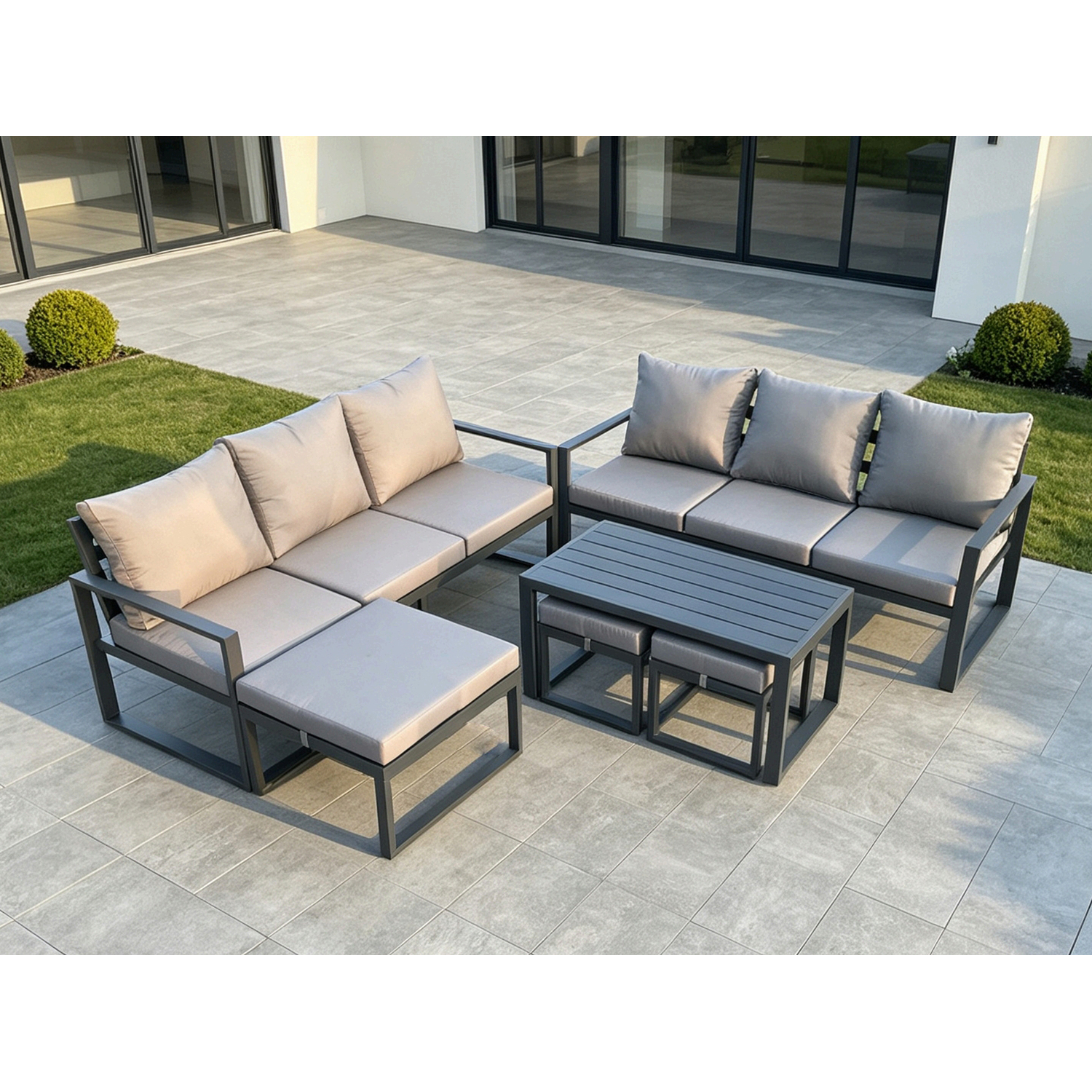Rackhams Dark/Grey Aluminium Patio Outdoor Garden Furniture Lounge Sofa Set With Oblong Coffee Table 3 Footstools - Image 2