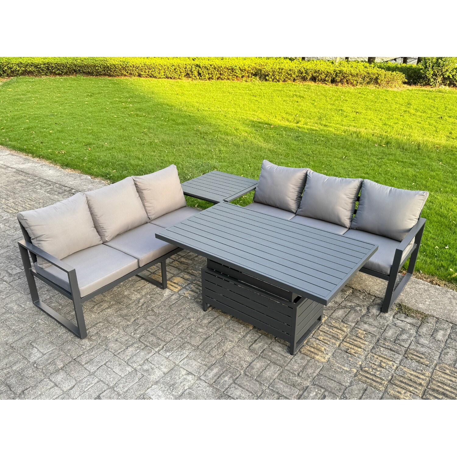 B&Q - 4 Pieces Garden Furniture Set Aluminium Adjustable Rising Lifting Dining Table And Sofa Set With Side Table Dark Grey - Image 3