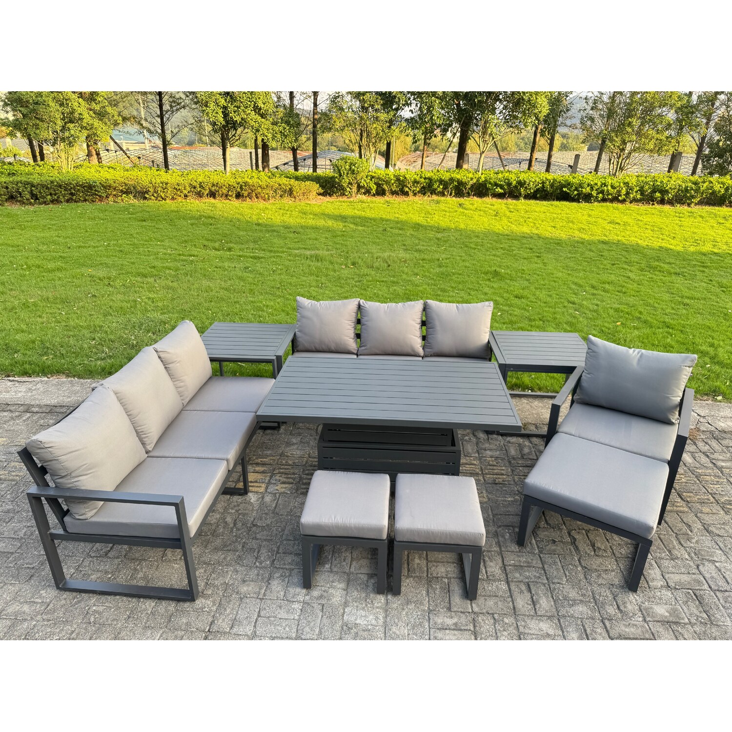 Fimous Grey 10 Seater Aluminium Outdoor Garden Furniture Set With Adjustable Rising Dining Table, 2 Sofas, 3 Footstools, 2 Side Tables & 1 Chair - Image 2