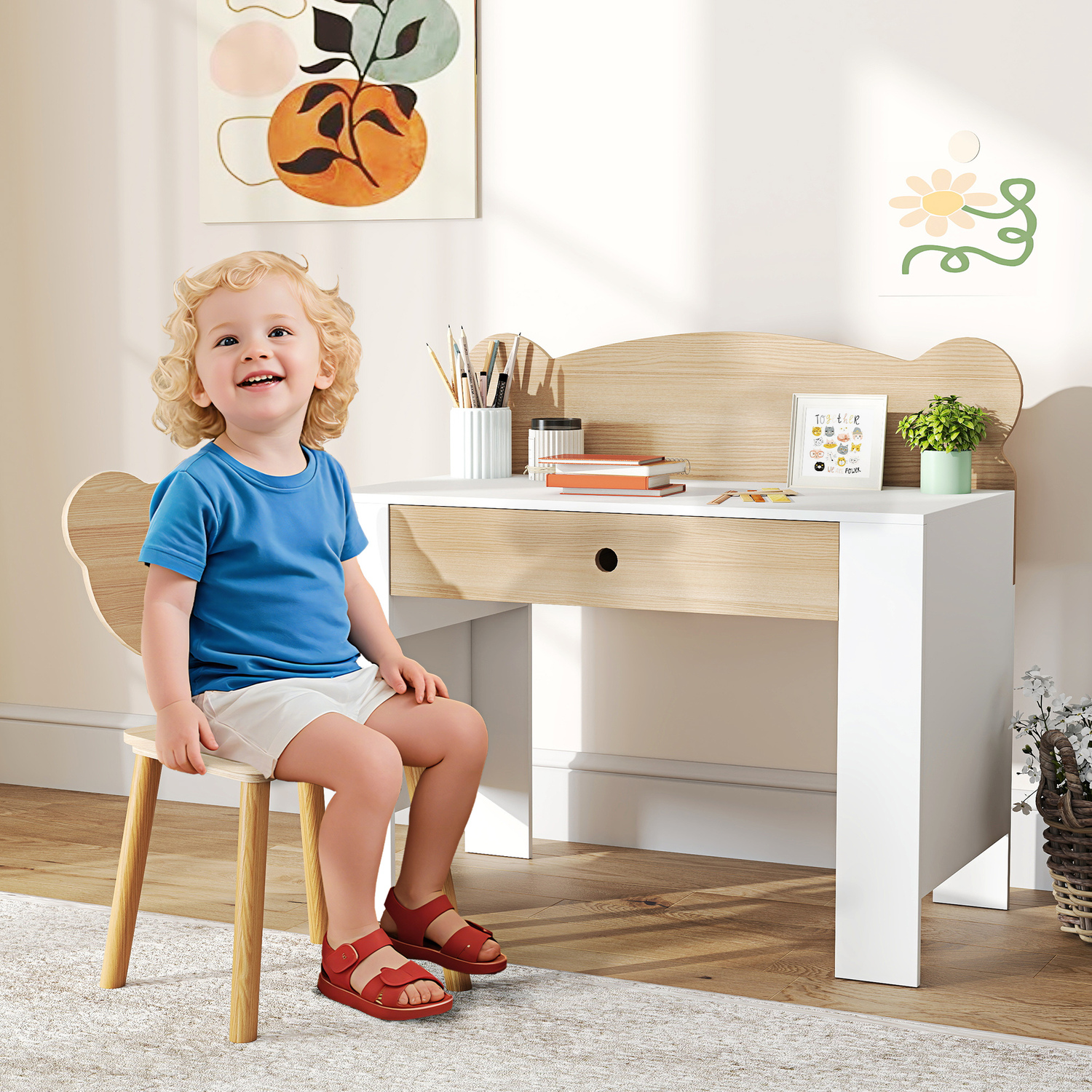 Aiyaplay Kids Desk And Chair Set, Children Writing Table With Drawer - Natural Wood Finish