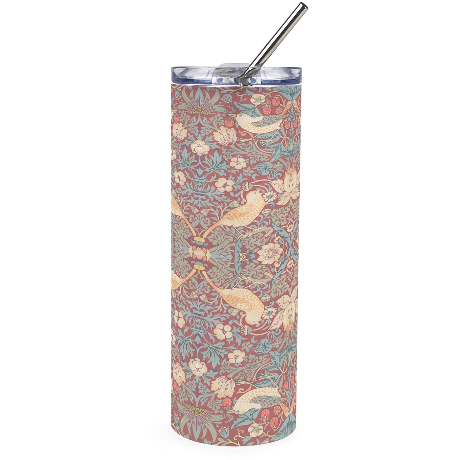 Strawberry Thief Red Frosted Glass Travel Flask & Straw - William Morris Gifts - Image 2