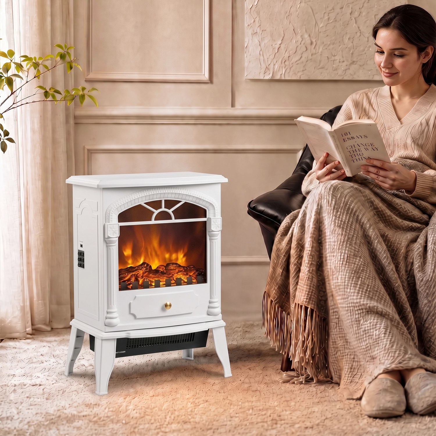 HOMCOM Freestanding Electric Fireplace with Adjustable Thermostat, White, 1000W/2000W Heat Settings, 39W x 24.5D x 56.5H cm - Image 5