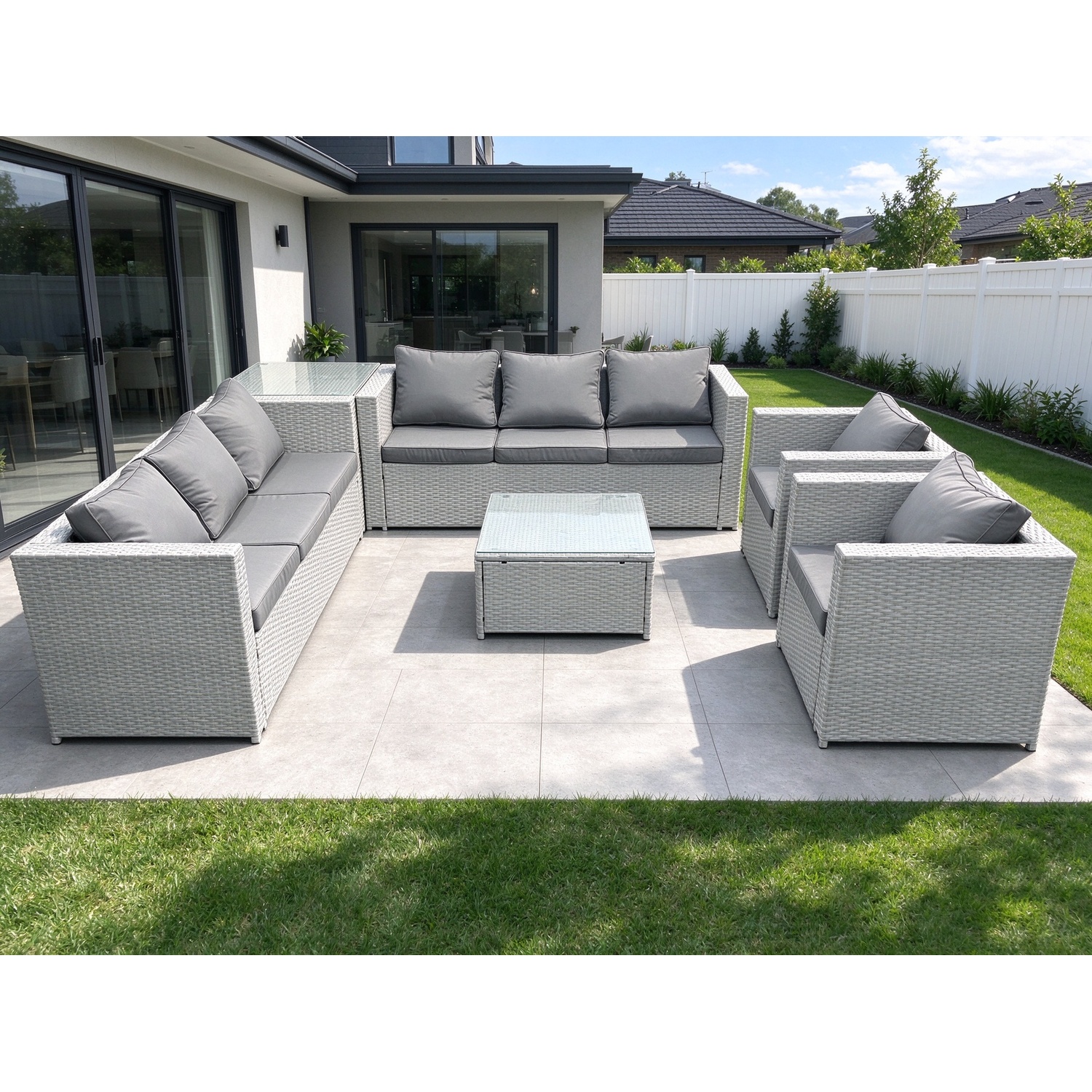Fimous Outdoor Rattan Sofa Garden Furniture Set With 2 Armchairs Square Coffee Table Side Table Light Grey Mixed - Image 3