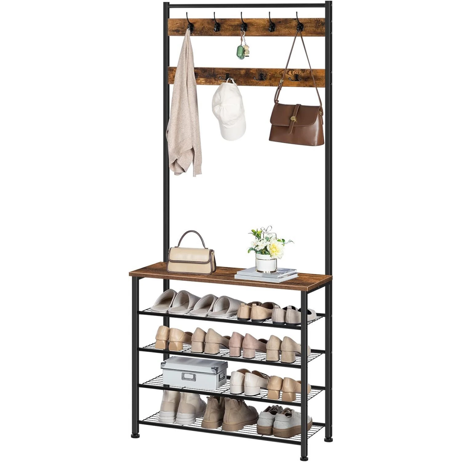 Storvo Coat Rack Stand With 5 Tier Shoe Bench - Brown
