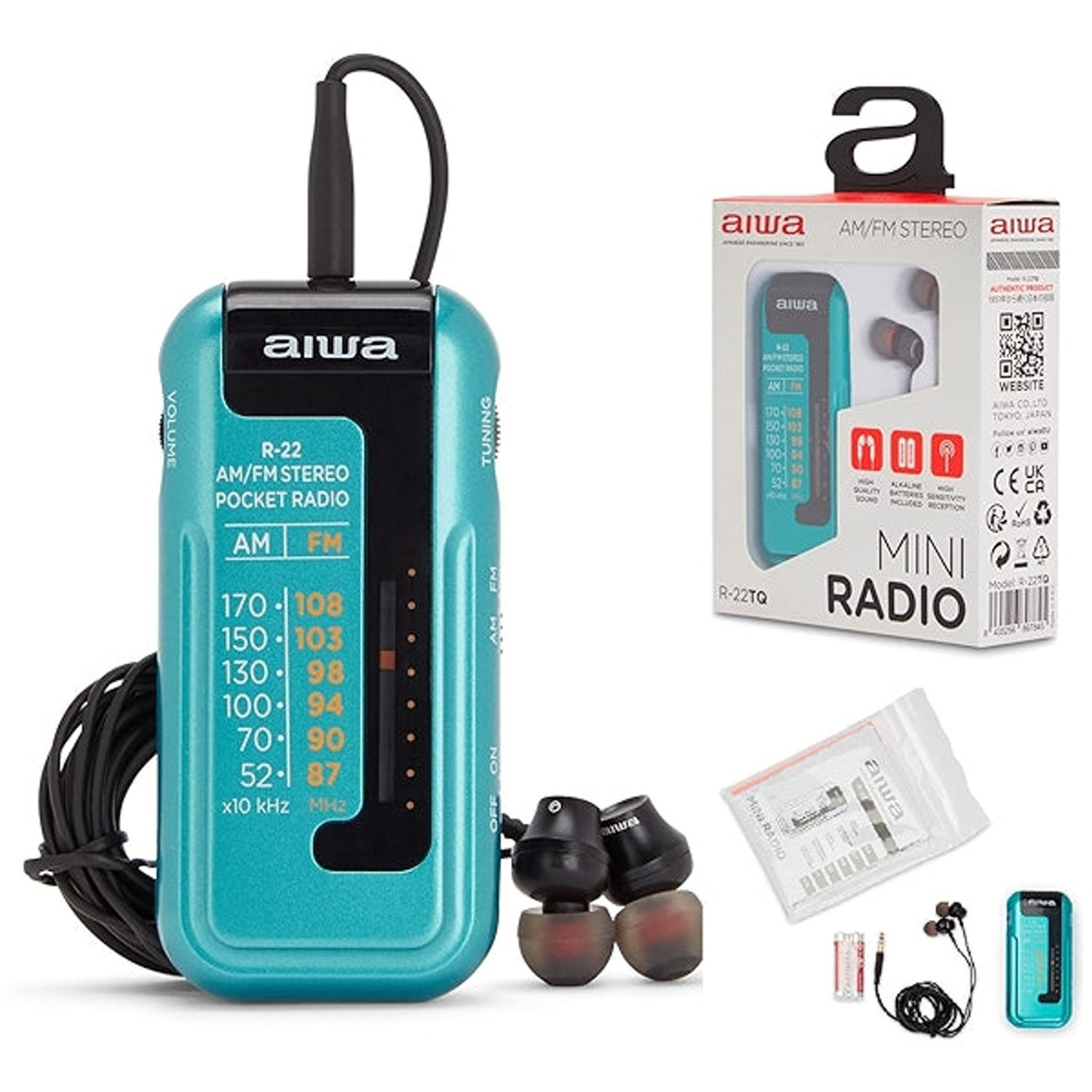 Aiwa R-22Tq Am/Fm Pocket Radio With Headphones