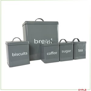 5 Piece Grey Kitchen Canister Storage Tin Set