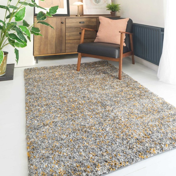 Super Soft Ochre Yellow Grey Mottled Shaggy Area Rug
