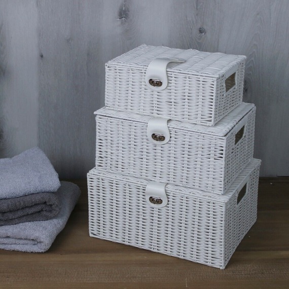 3x White Wicker Storage Baskets