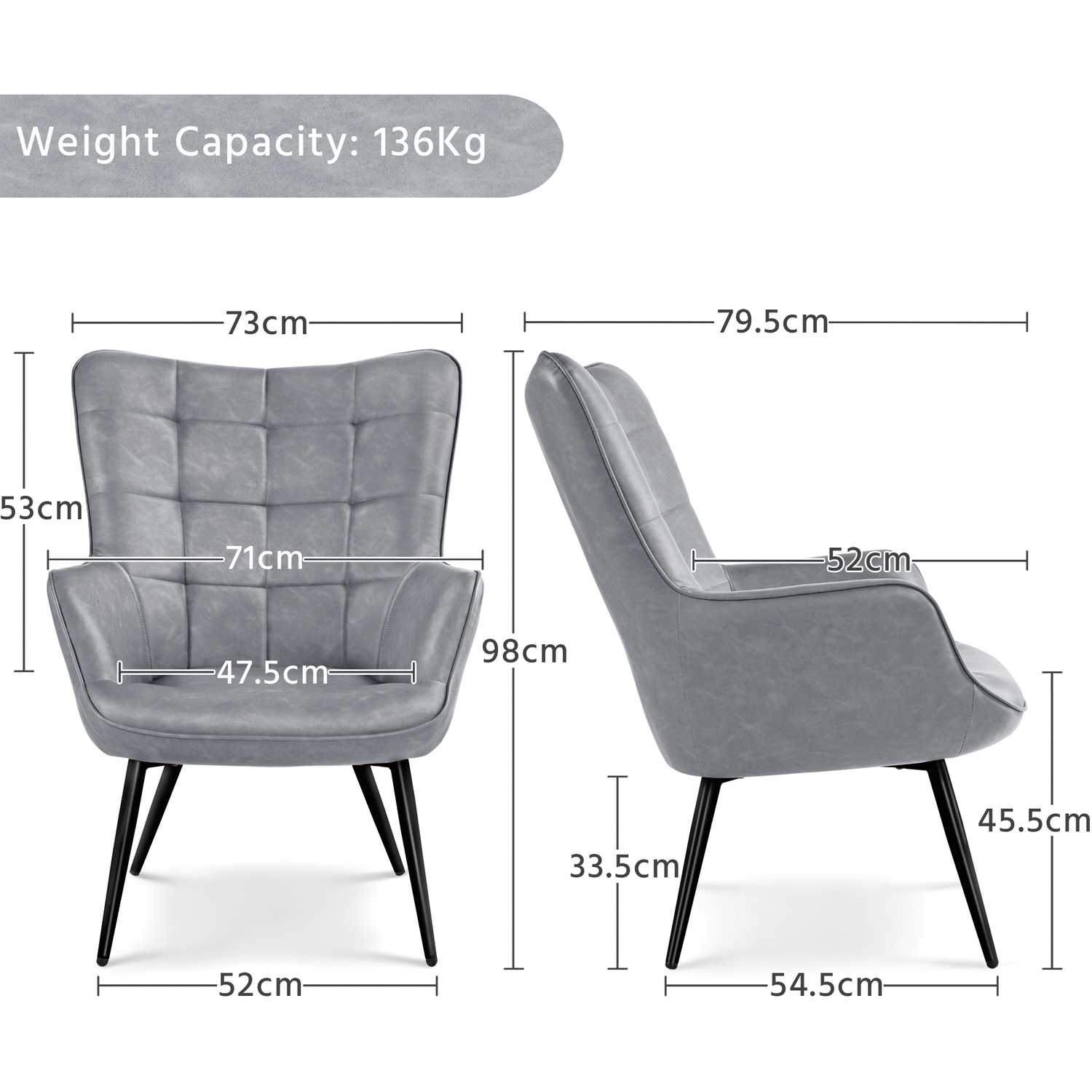Mid-century Pu Leather Accent Chair With Wing Back - Grey
