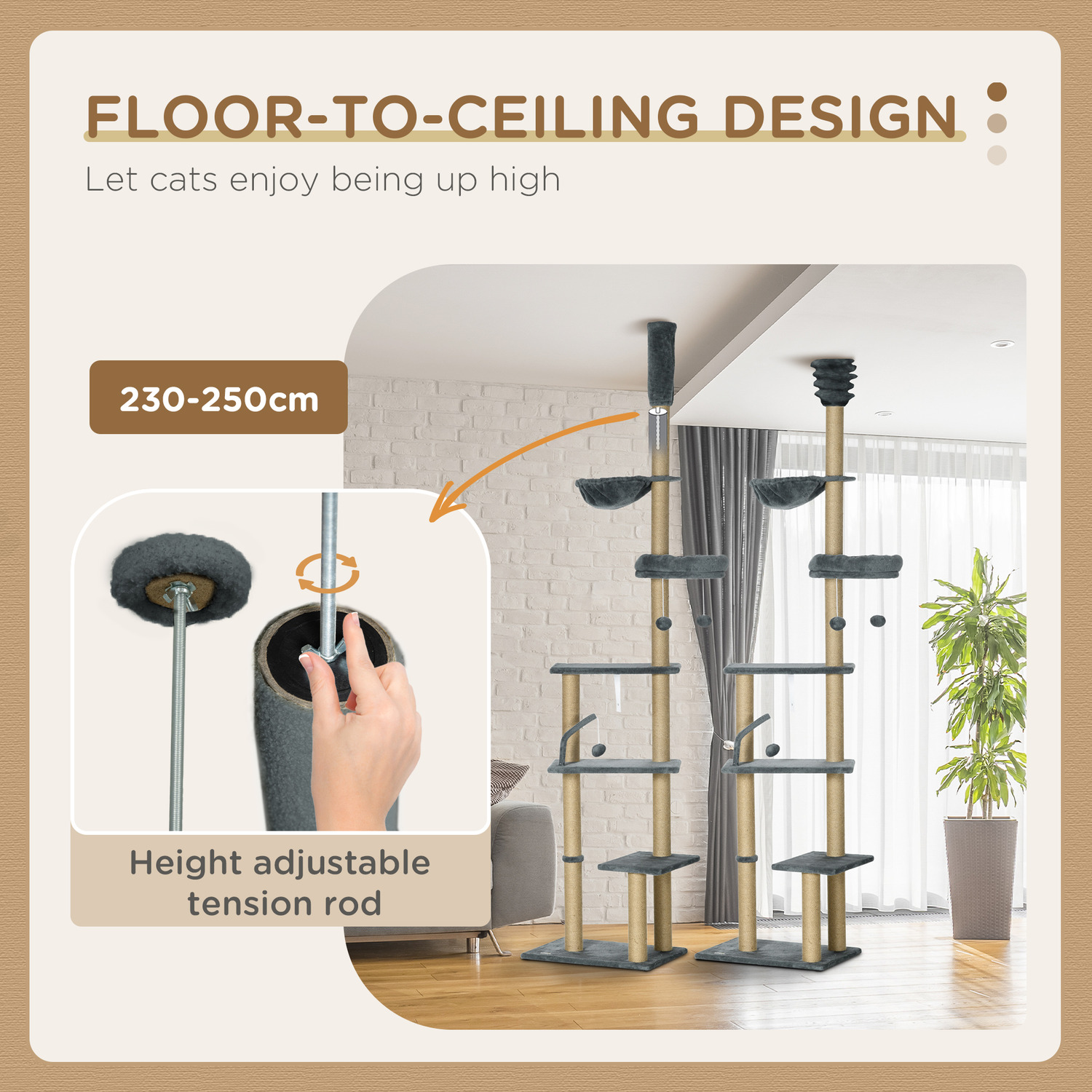 thumbnail image 2 of PawHut Floor To Ceiling Cat Tree – 90.5" To 98.5" Adjustable, Beige, With Hammock 2 of 4