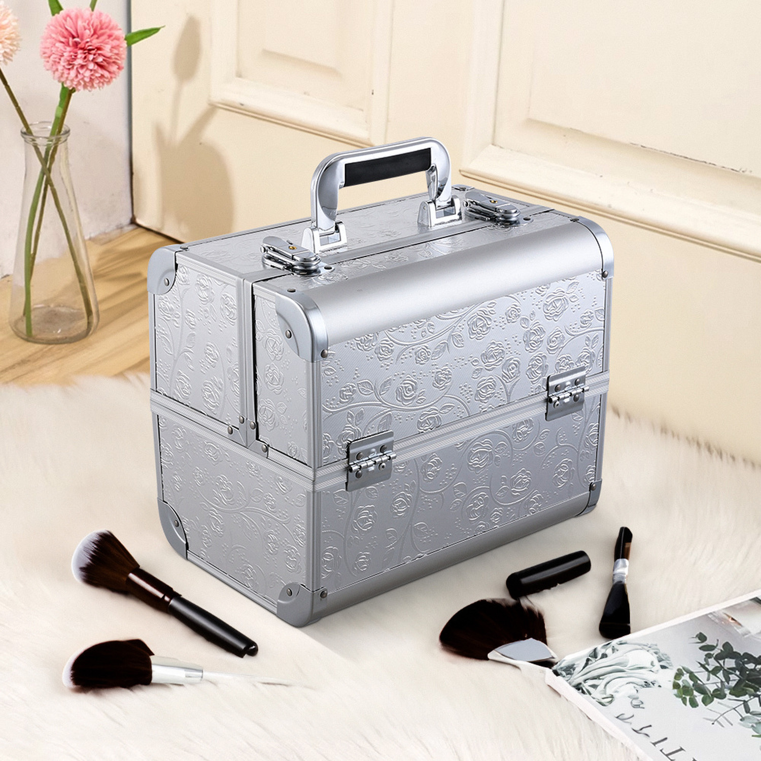 Silver Rose Makeup Organiser Case - Silver