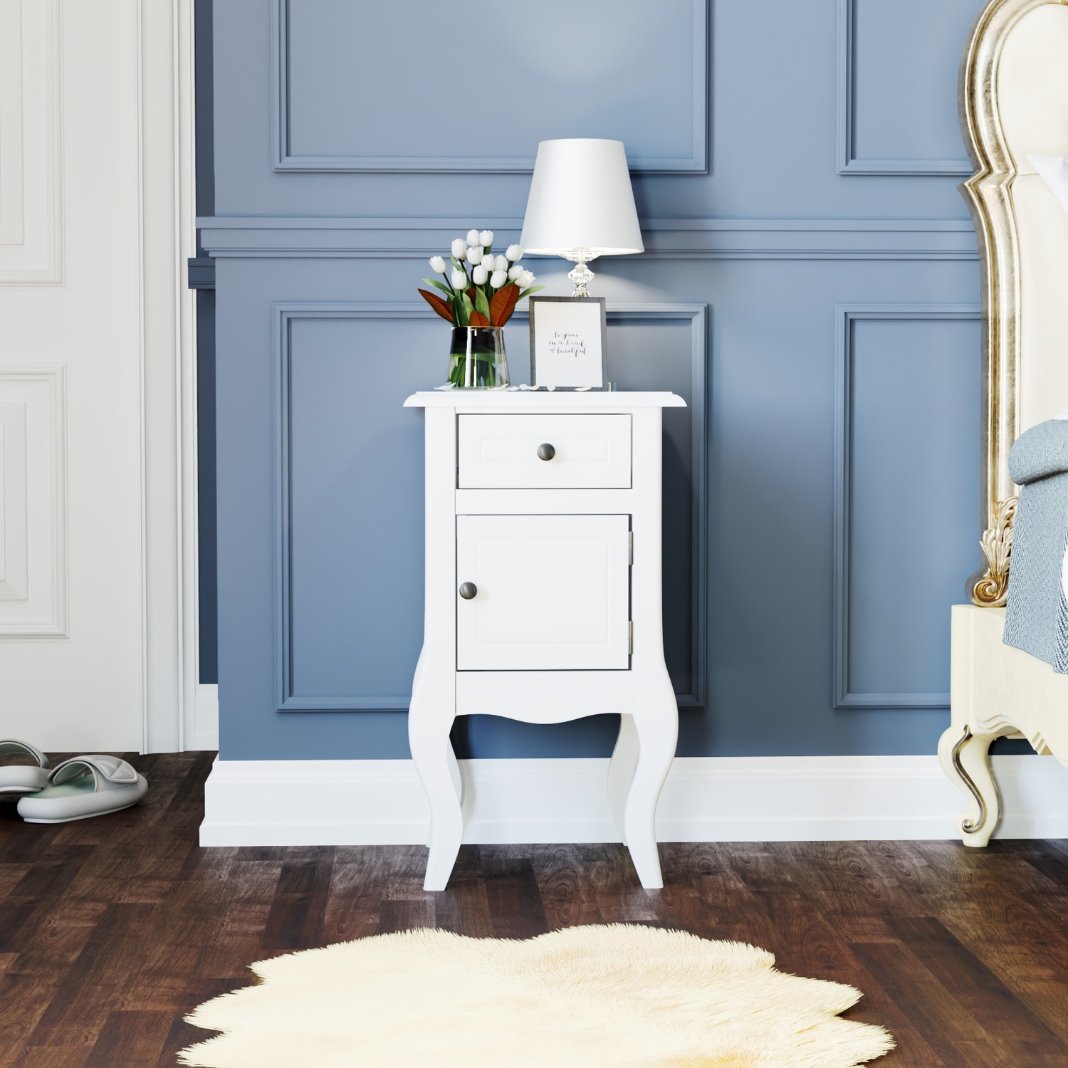 Nishano 1 Drawer 1 Door Chic Bedside Table Chest Nightstand, White - White