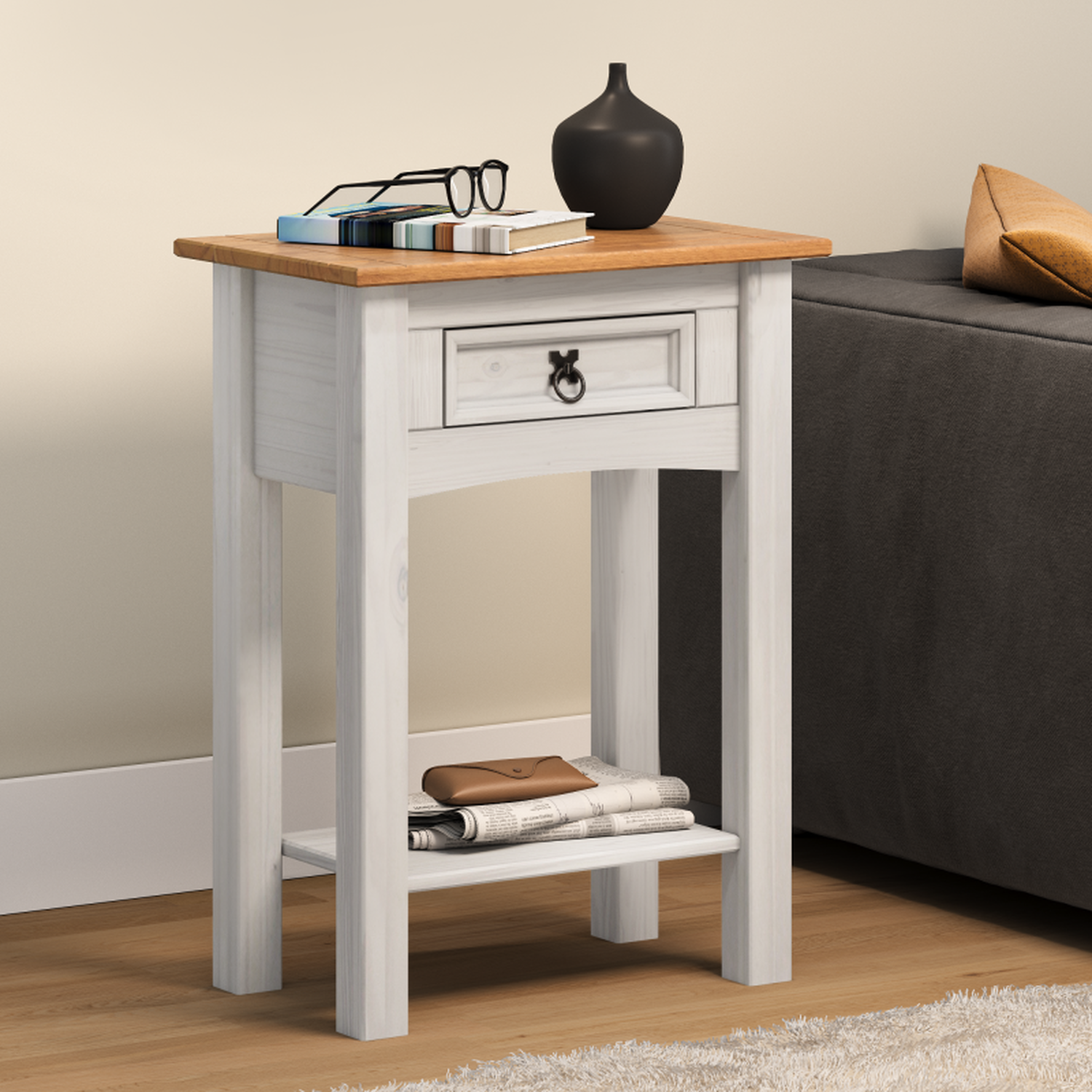 Corona 1 Drawer Console Table With Shelf Solid Wood Pine Wooden Hallway - Distressed White Wax